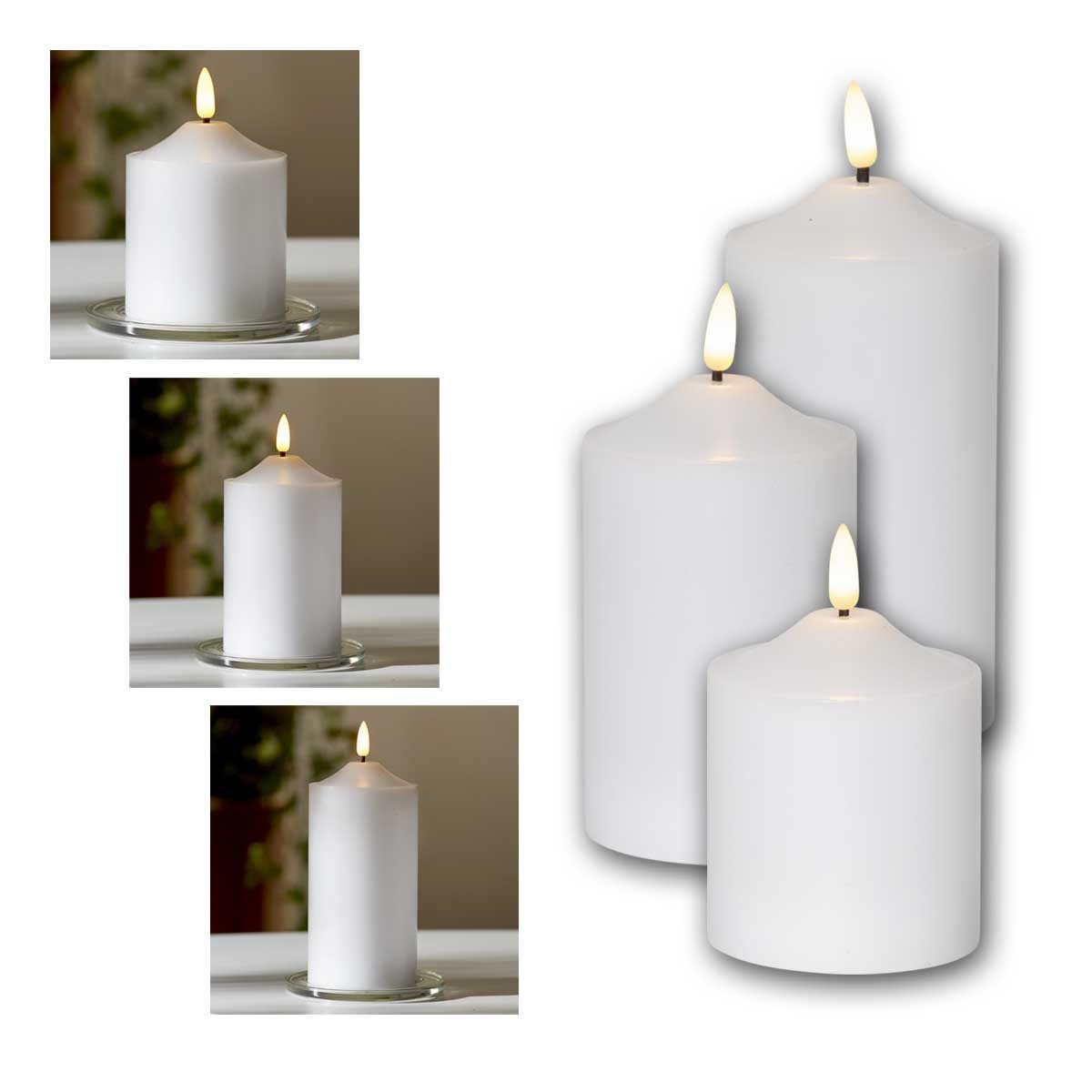STAR TRADING LED-Kerze 3er Set L LED Stumpenkerze 3D-FLAMME Timer, warmwe, warmweiß