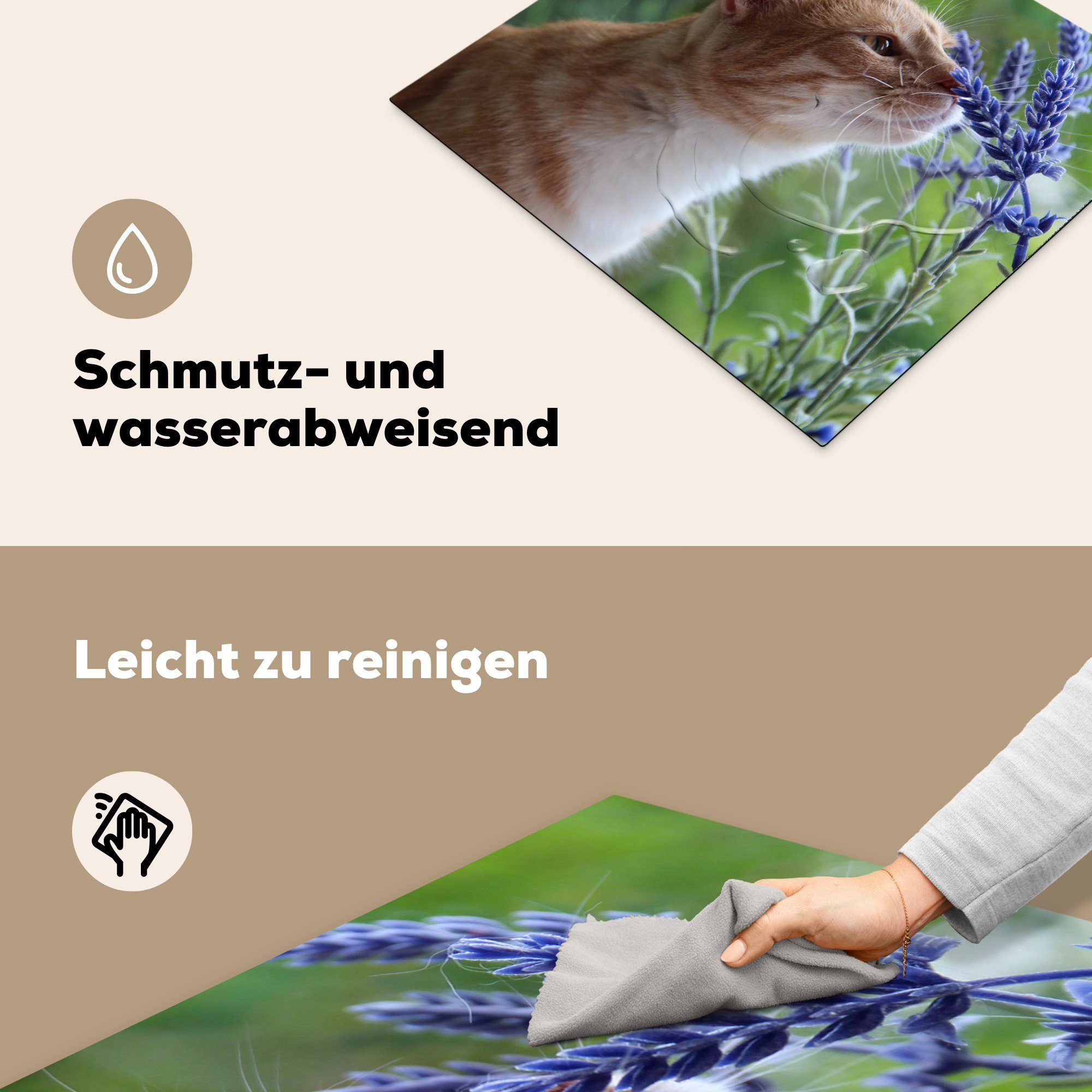 MuchoWow Herdblende-/Abdeckplatte Katze Lila, - Ceranfeldabdeckung nutzbar, 60x52 Blumen Mobile (1 Vinyl, cm, - tlg), Arbeitsfläche