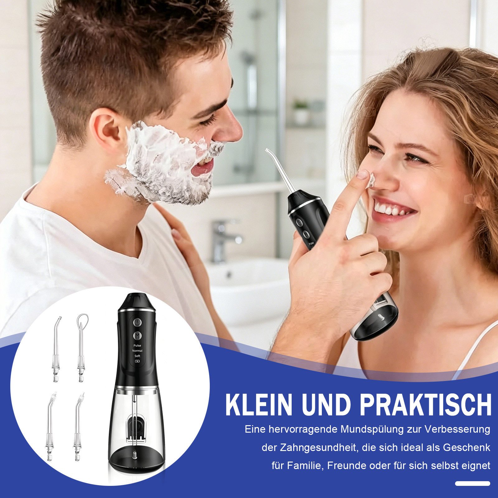 AKKEE Munddusche mit 4 Düsen, 380 ml Wassertank, Kabellos Elektrische Zahnseide, IPX7 wasserdicht