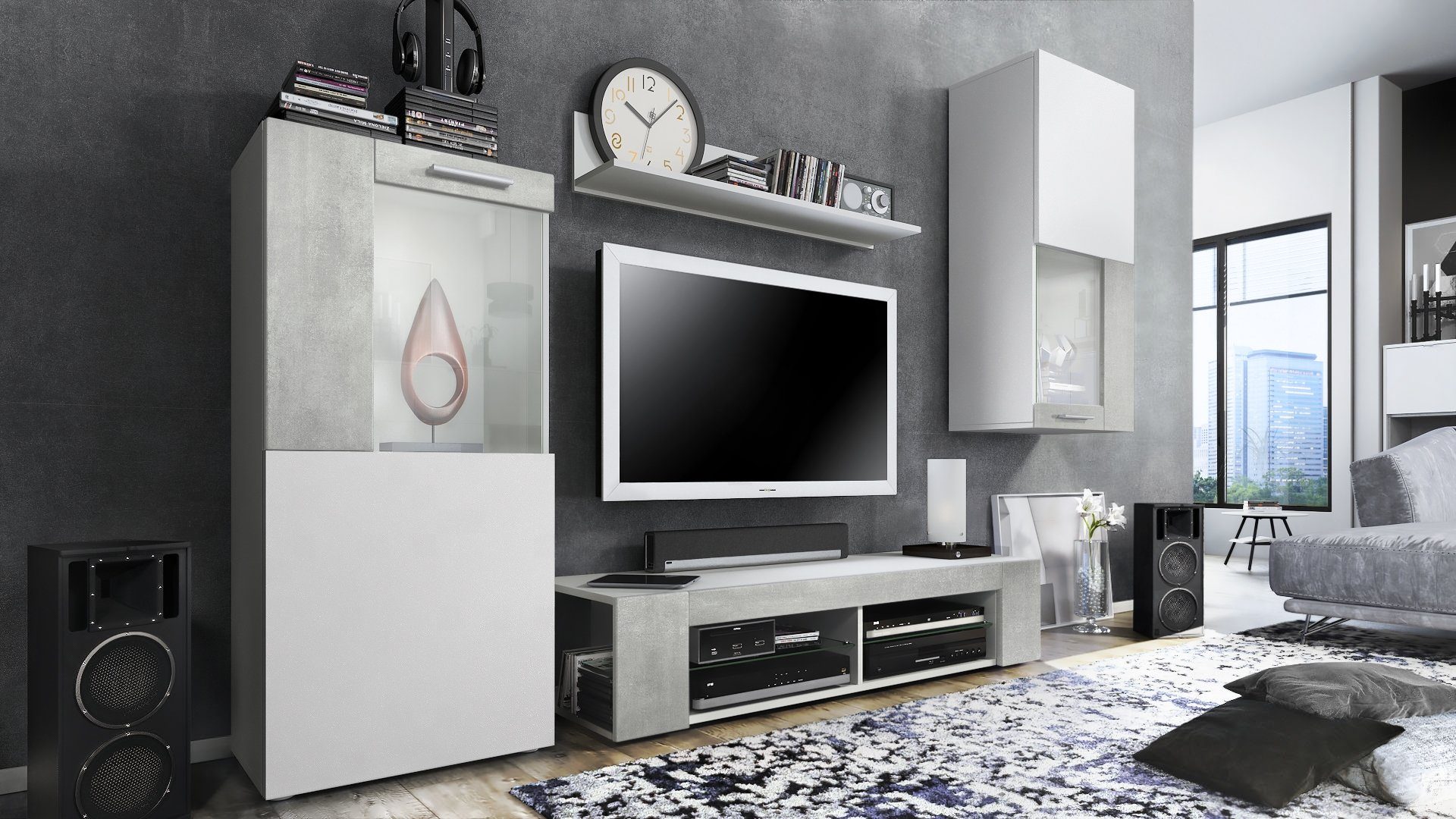 Vladon Wohnwand Movie, (Anbauwand, 5-St., bestehend aus 1 TV-Board, 2 Vitrinen und 1 Regal), Weiß matt/Weiß matt/Beton Oxid-Optik (Gesamt: 300 x 190 x 39 cm)