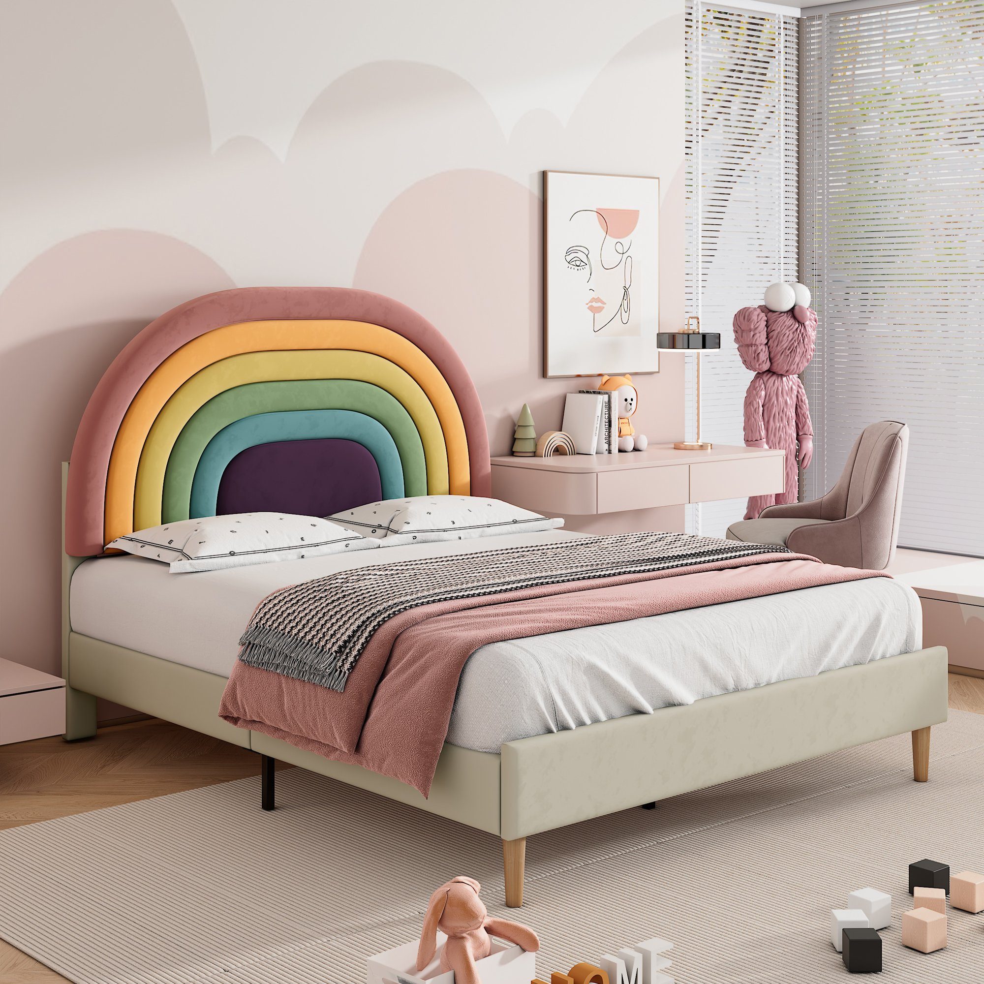 verstellbarem Samt Polsterbett, Flieks Kinderbett mit 140x200cm Regenbogen-Kopfteil beige