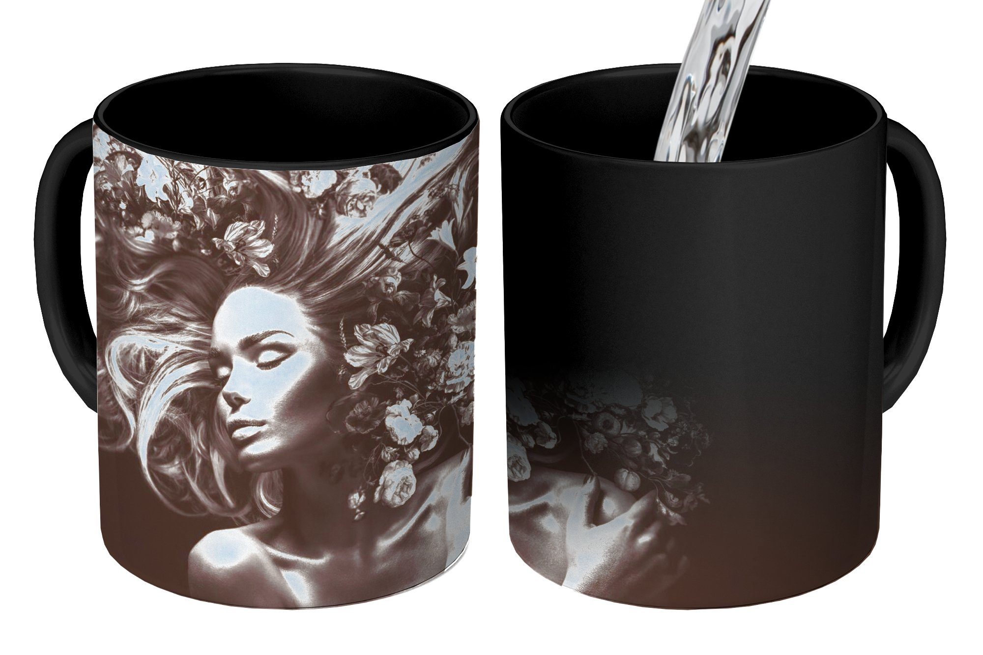 MuchoWow Tasse Blumen - Frau - Natur, Keramik, Farbwechsel, Kaffeetassen, Teetasse, Zaubertasse, Geschenk