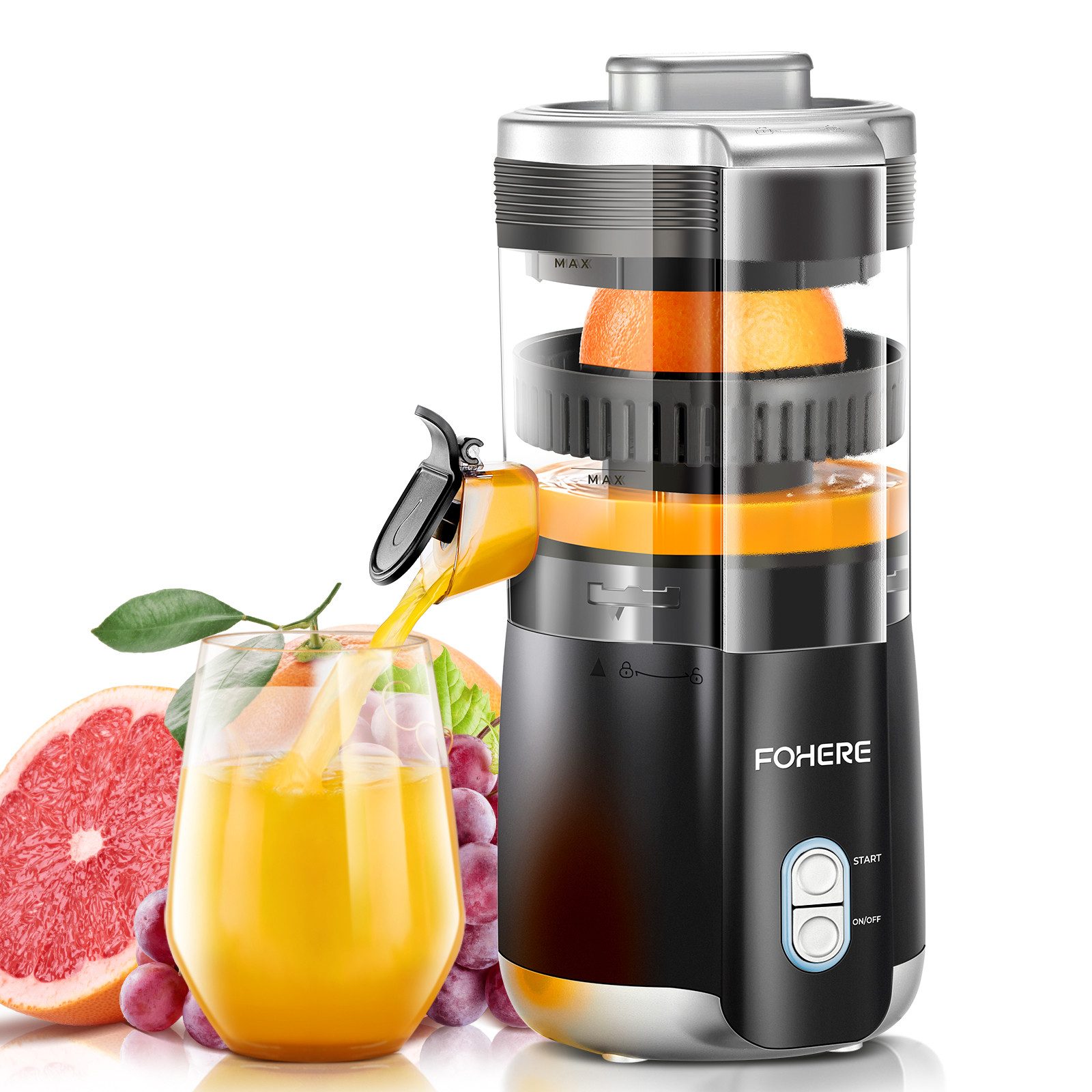 FOHERE Zitruspresse Elektrische Zitruspresse, 100W Leiser Motor, BPA-frei, 2 Presskegeln, 100 W, mit tropffreier Düse, aus BPA-freiem ABS-Material