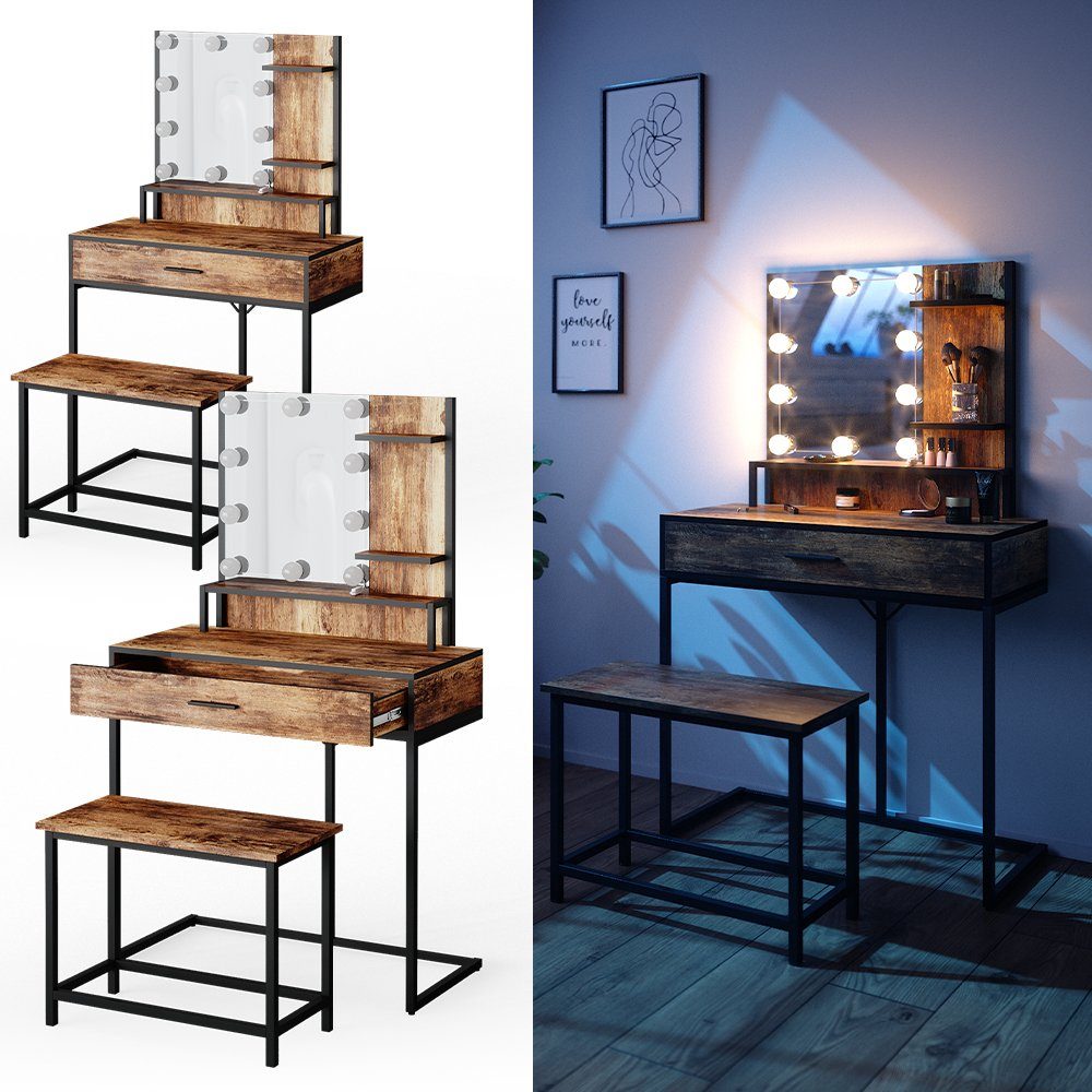 Vicco Schminktisch Fyrk, Eiche rustikal/Schwarz, 80 cm mit LED Beleuchtung günstig online kaufen