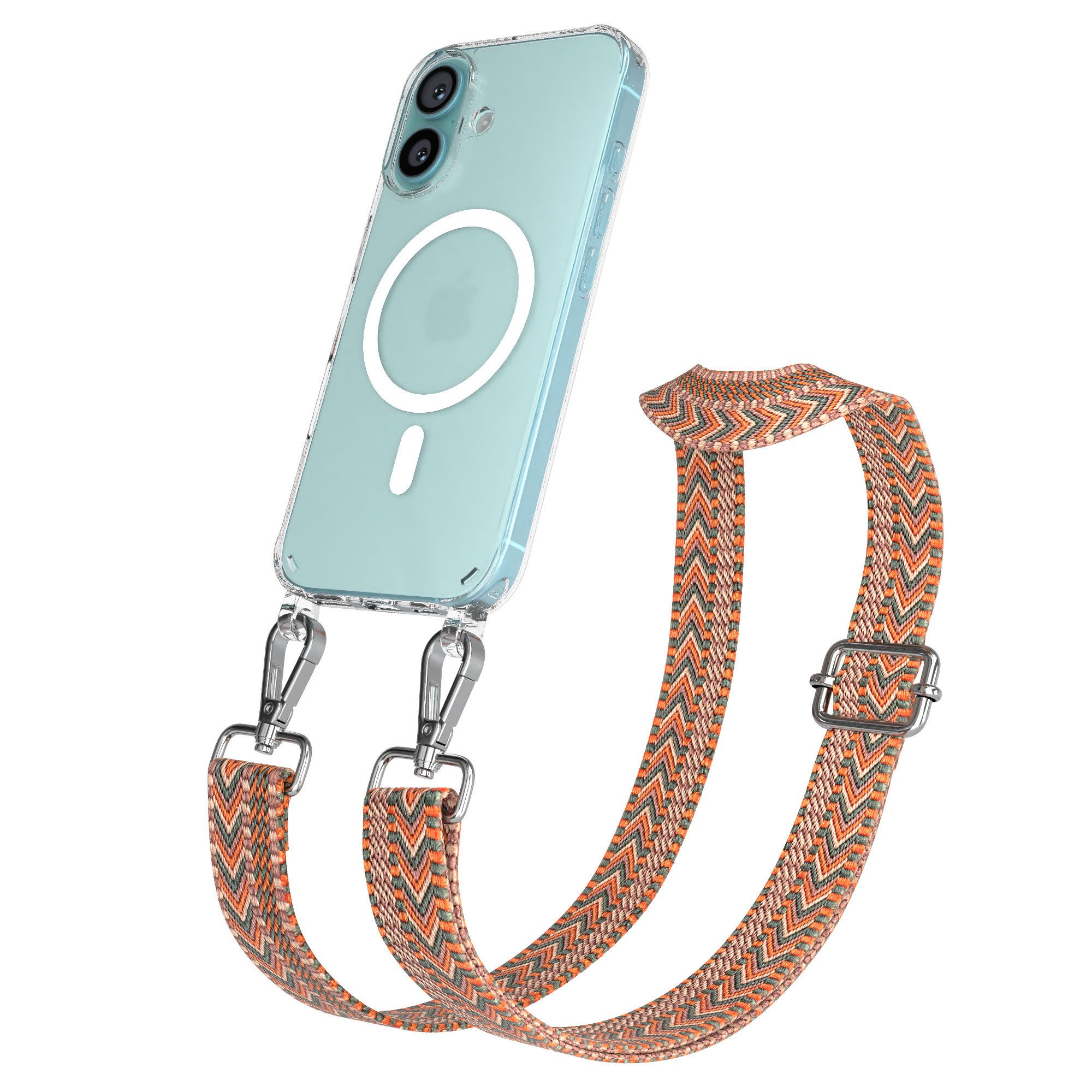 EAZY CASE Handykette Umhängeband MagSafe Hülle für Apple iPhone 16 6,1 Zoll, schmaler Gürtel Kordel transparenter Silikonhülle Umhängetasche Orange
