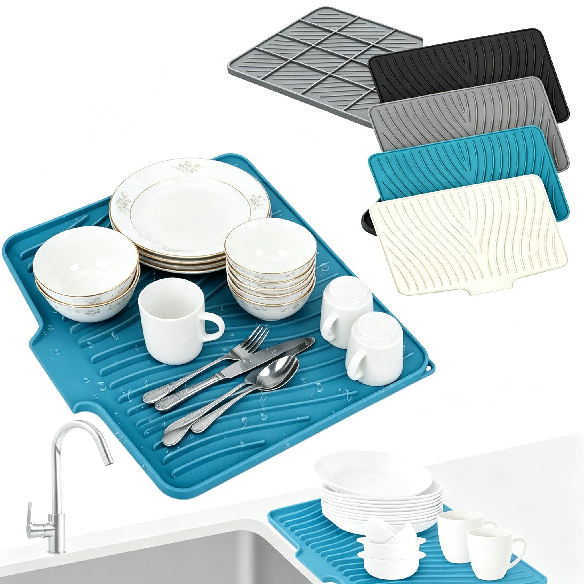 Diwzbyn Abtropfmatte Abtropfmatte Silikon 40x30cm, Selbstentwässernd für Spülbecken, Seifenschale mit Abtropffunktion für Schwamm, Bürste, Küche & Bad