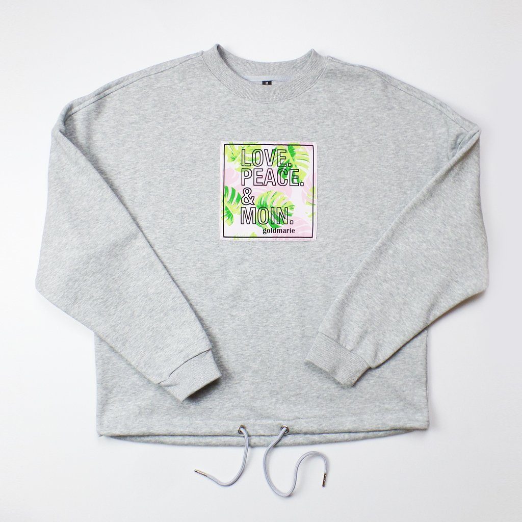 goldmarie Sweatshirt LOVE Applikation hellgrau PEACE Floral-Palmen MOIN meliert