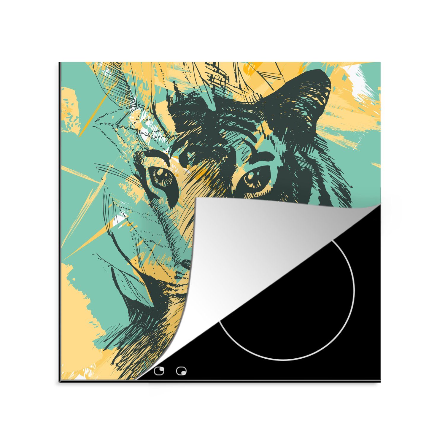 MuchoWow Herdblende-/Abdeckplatte Tiger - Abstrakt - Gelb, Vinyl, (1 tlg), 78x78 cm, Ceranfeldabdeckung, Arbeitsplatte für küche