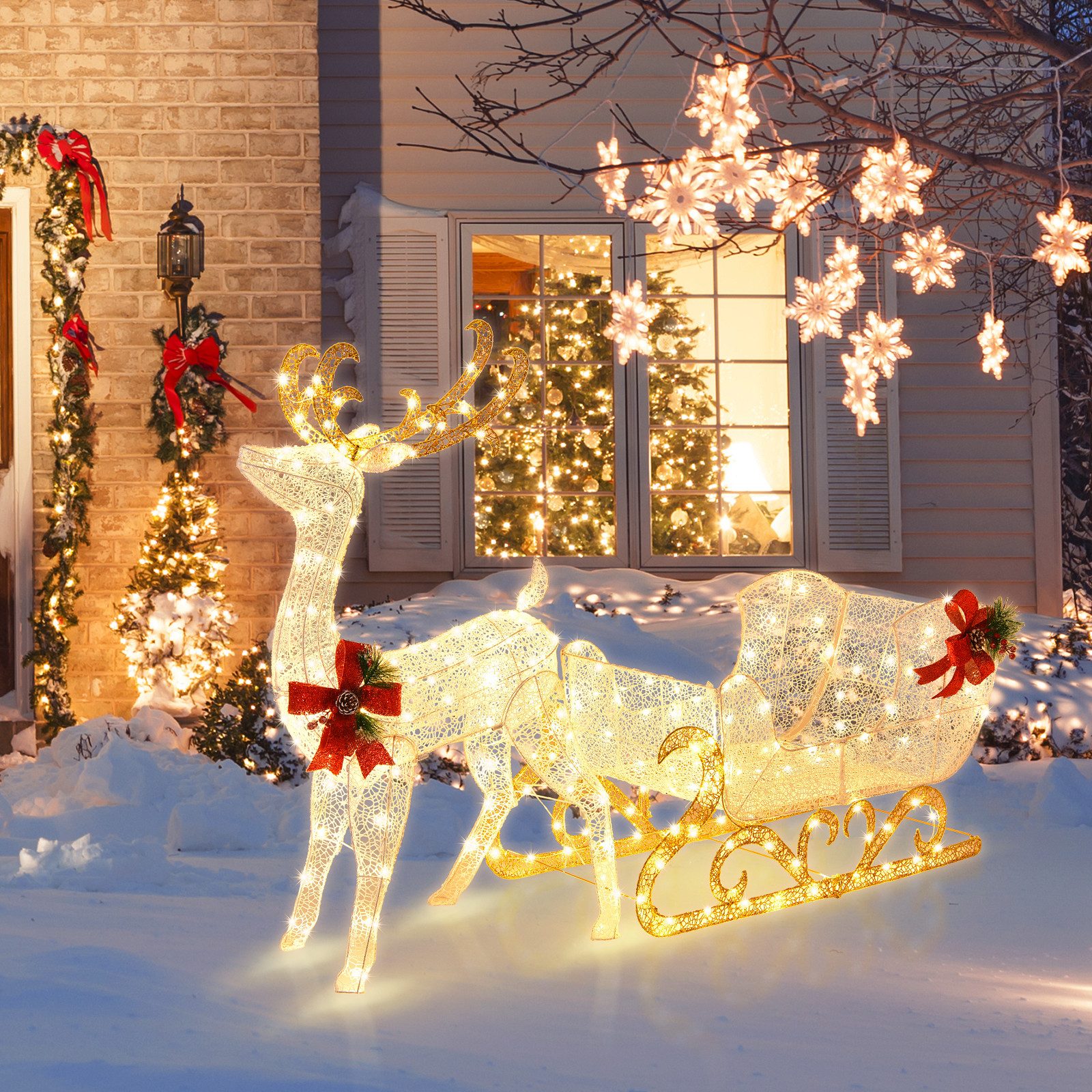COSTWAY Weihnachtsfigur, LED-Rentier mit Schlitten, 184x50x123 cm
