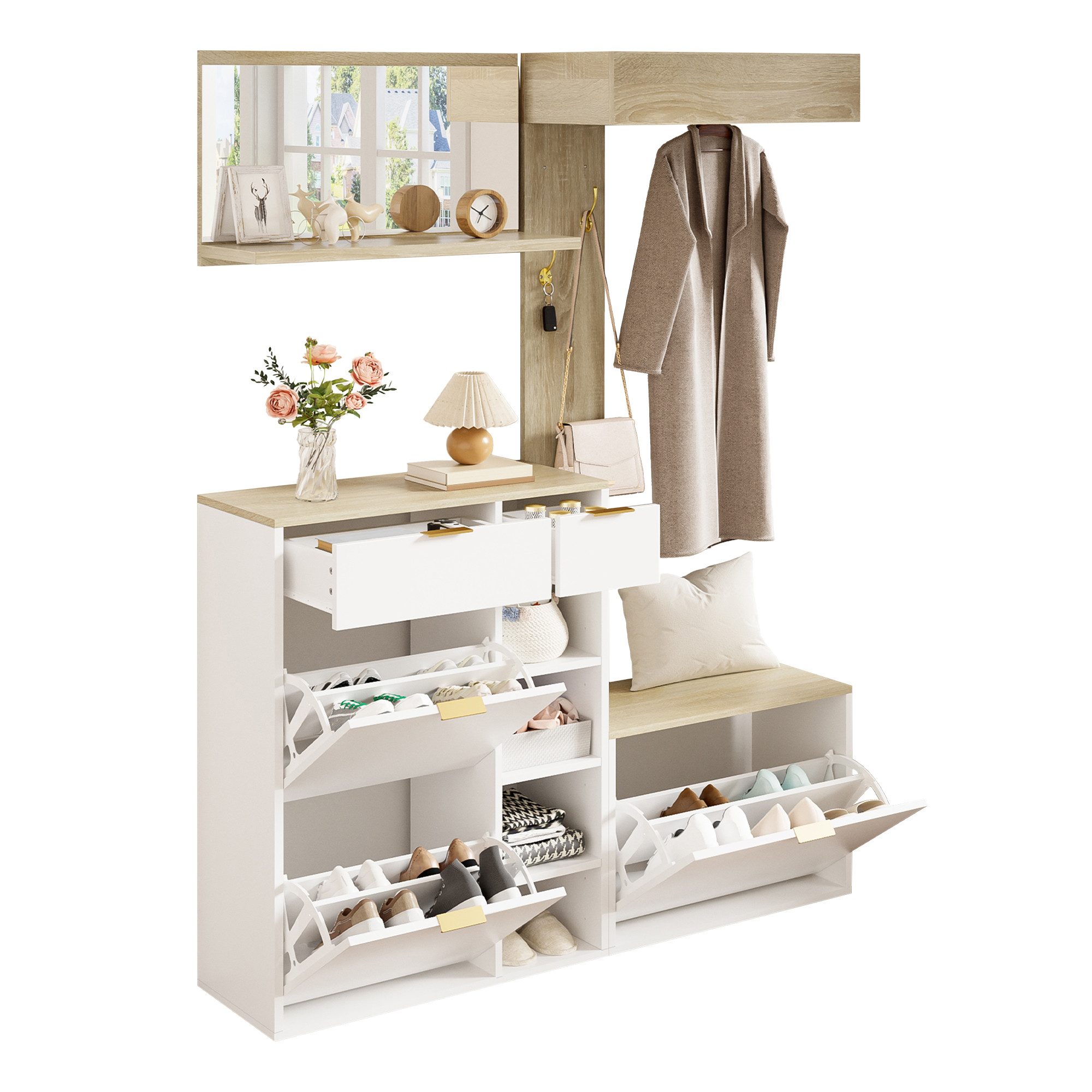 Refined Living Garderoben-Set Flurgarderoben-Set 4-teilig mit Schuhschrank, Spiegel & Bank 130cm, (Gesamtmaße: B130×T30×H174 cm, Platzsparendes Garderobenmöbel mit Sitzbank & Spiegel, mit Haken & Kleiderstange, 1-St., Natural + Weiß, modern & zeitlos, mit Kippsicherung), schmal 30 cm Tiefe,  Komplettes Flurmöbel Set für kleine Räume