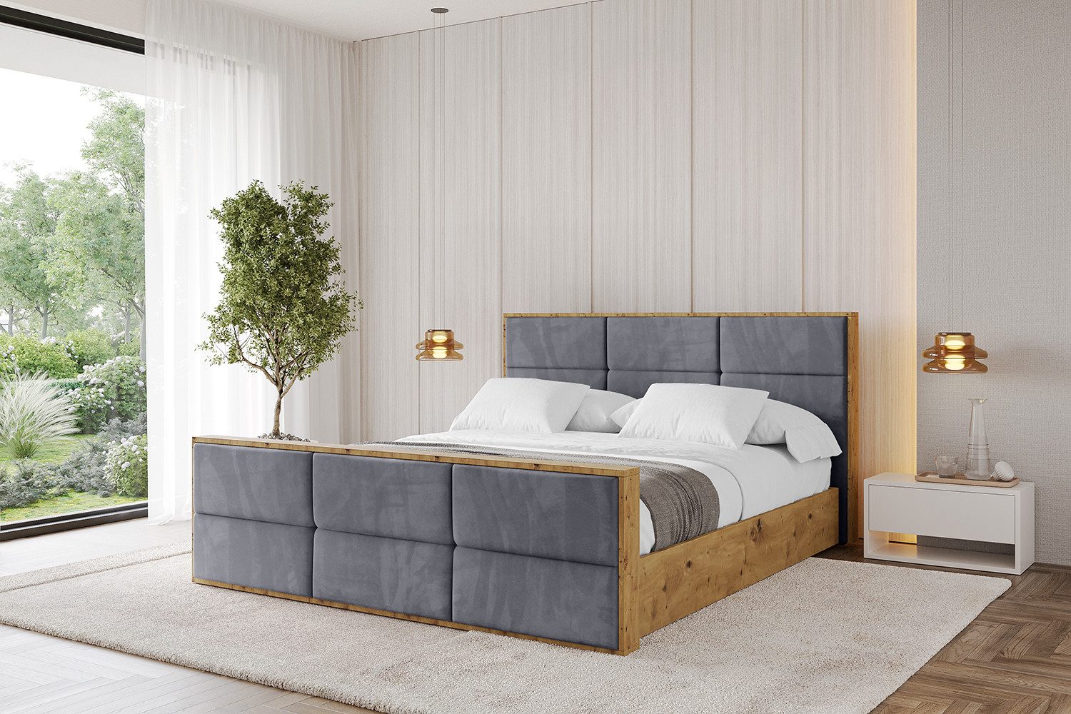 ALTDECOR Polsterbett ENZO1-Z (Polsterbett mit Bettkasten und Lattenrost, Boxbett mit Matratze), Doppelbett mit Stauraum, Bett mit Kopfteil