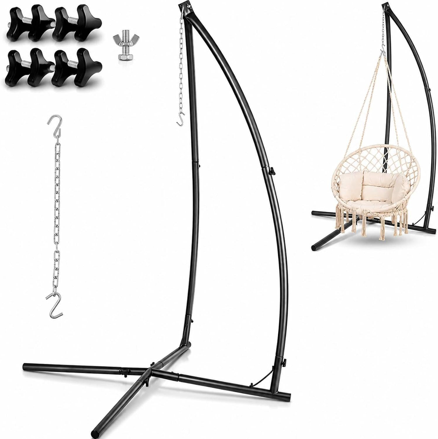 TLGREEN Hängestuhl Hängesesselgestell höhenverstellbar bis 110 kg (robuster Metall‑Ständer mit Haken, rutschfeste Füße, abbaubar, für Hängestühle), geeignet für Balkon, Terrasse, Garten und Wohnzimmer