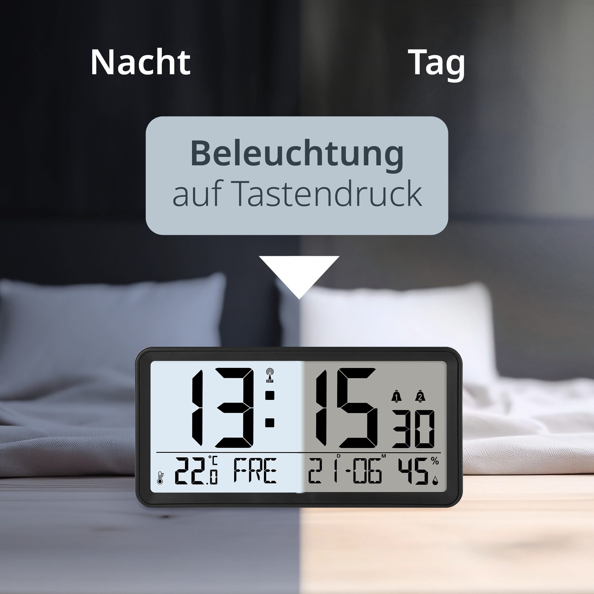 ADE Funktischuhr digital XXL-Ziffern, Tischuhr & Wanduhr mit Thermometer, 2 Weckzeiten Funkuhr mit Hygrometer, Datum & Wochentag, inkl. AA Batterien – Bild 4 von 5