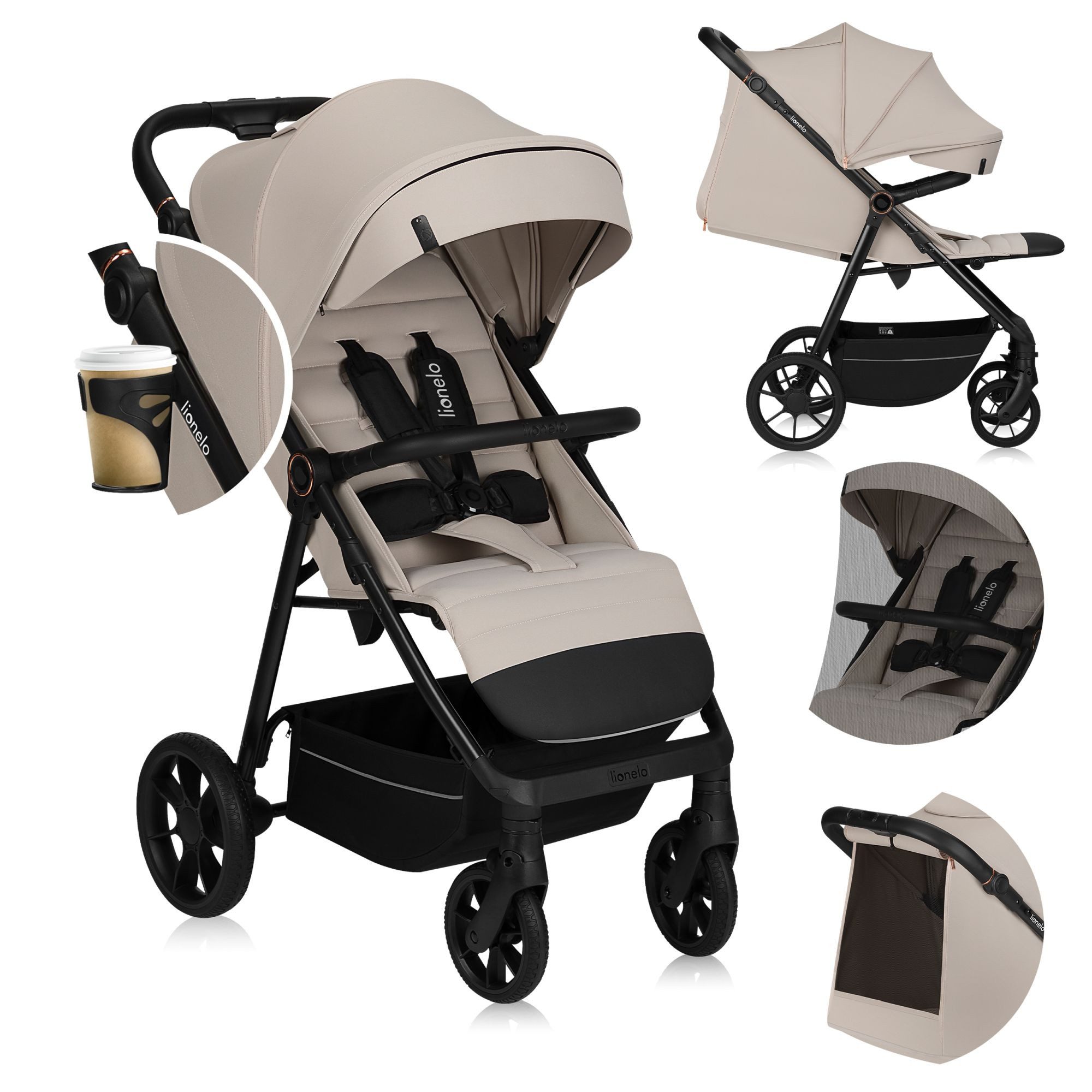 lionelo Kinder-Buggy IVA, (Set mit Moskitonetz und Getränkehalter), PU-Räder mit Profil/UPF50+/Magnetgurt/92 cm Liegefläche