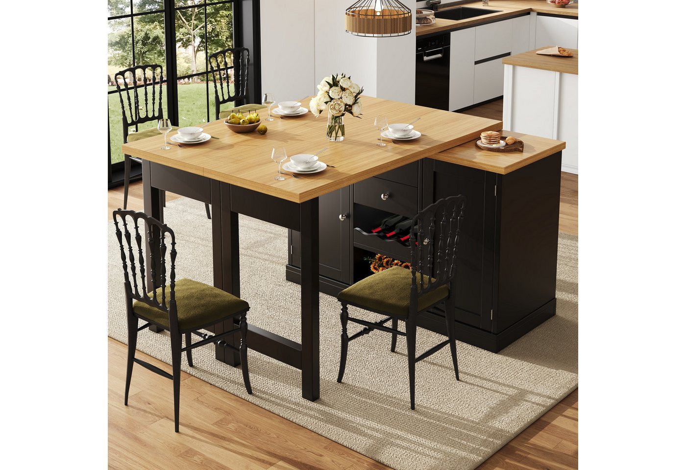 Flieks Kücheninsel Küchenschrank mit 360° drehbarer und klappbarer Arbeitstisch, (Holzoptik Tischplatte Tiefe 40-80cm, Längenverstellbar 120-197cm), ausziehbarer Esstisch & Mehrzweckschrank mit Weinregal Schwarz