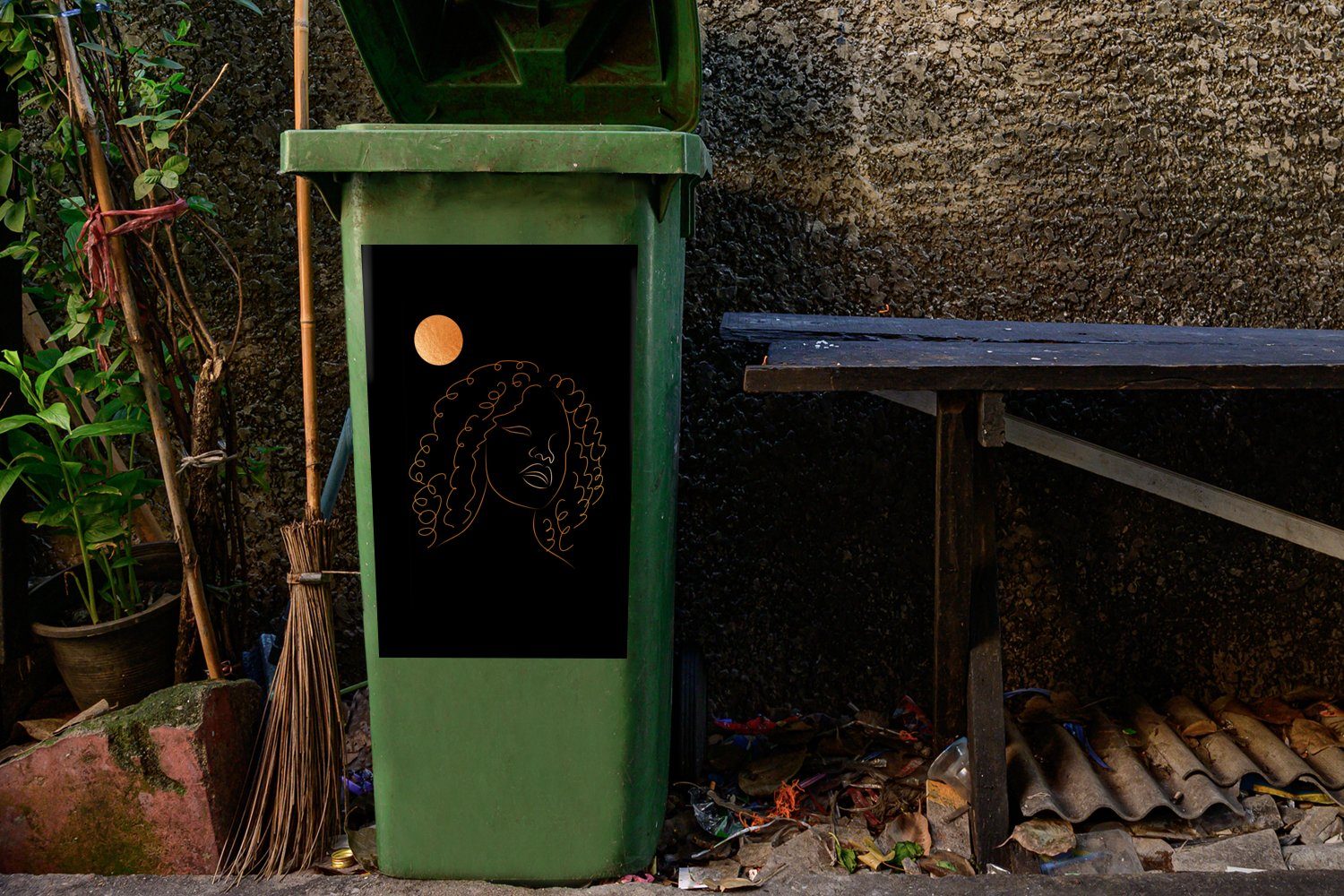 Wandsticker (1 Frau - St), Mond Sticker, Strichzeichnung Mülltonne, - Abfalbehälter - Gold MuchoWow Container, Mülleimer-aufkleber,