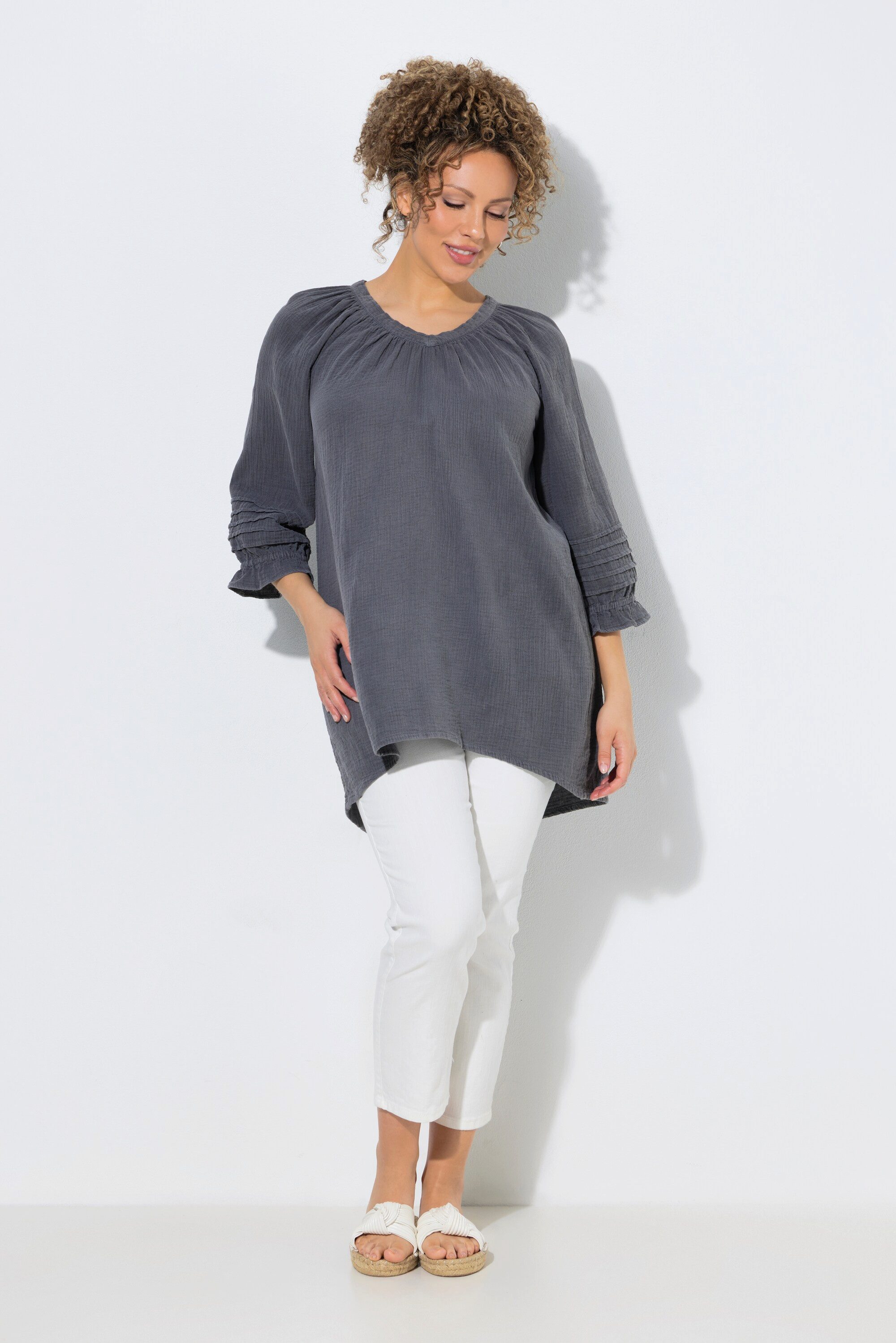 Ulla Popken Tunika Musselin-Bluse Biesen A-Linie V-Ausschnitt 3/4-Arm