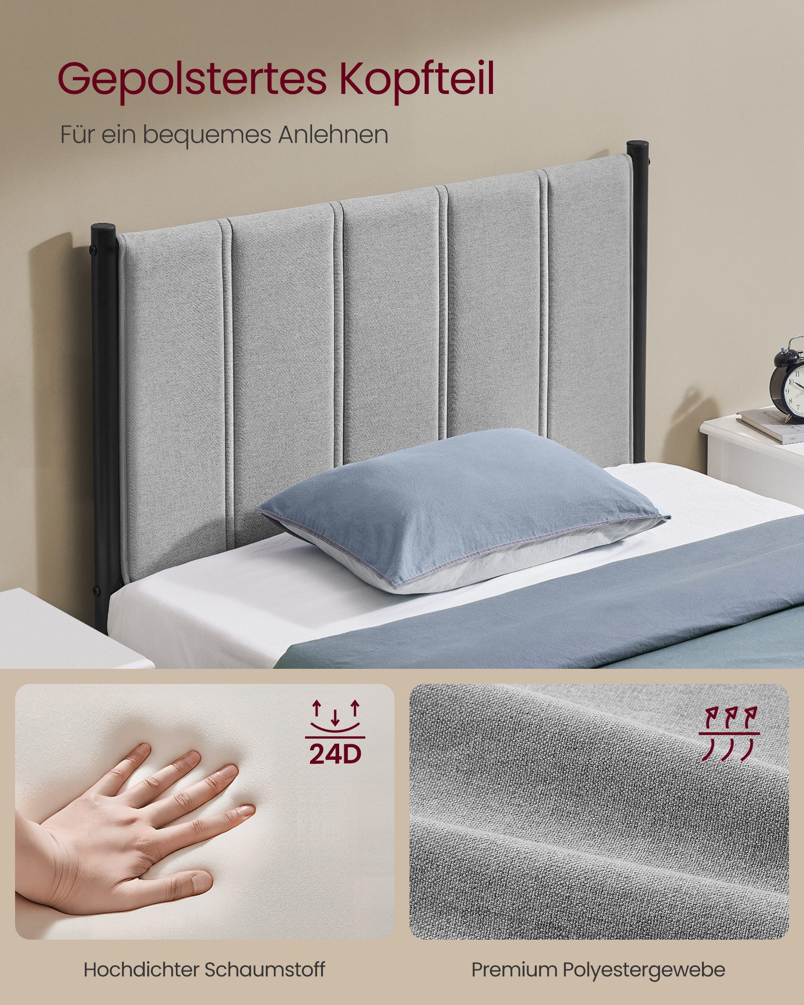 VASAGLE Polsterbett Einzelbettgestell Bettrahmen (90 x 200 cm, geräuschlos), 90 x 200 cm, einfache Montage, mit gepolstertem Kopfteil, Bettgestell – Bild 3 von 5