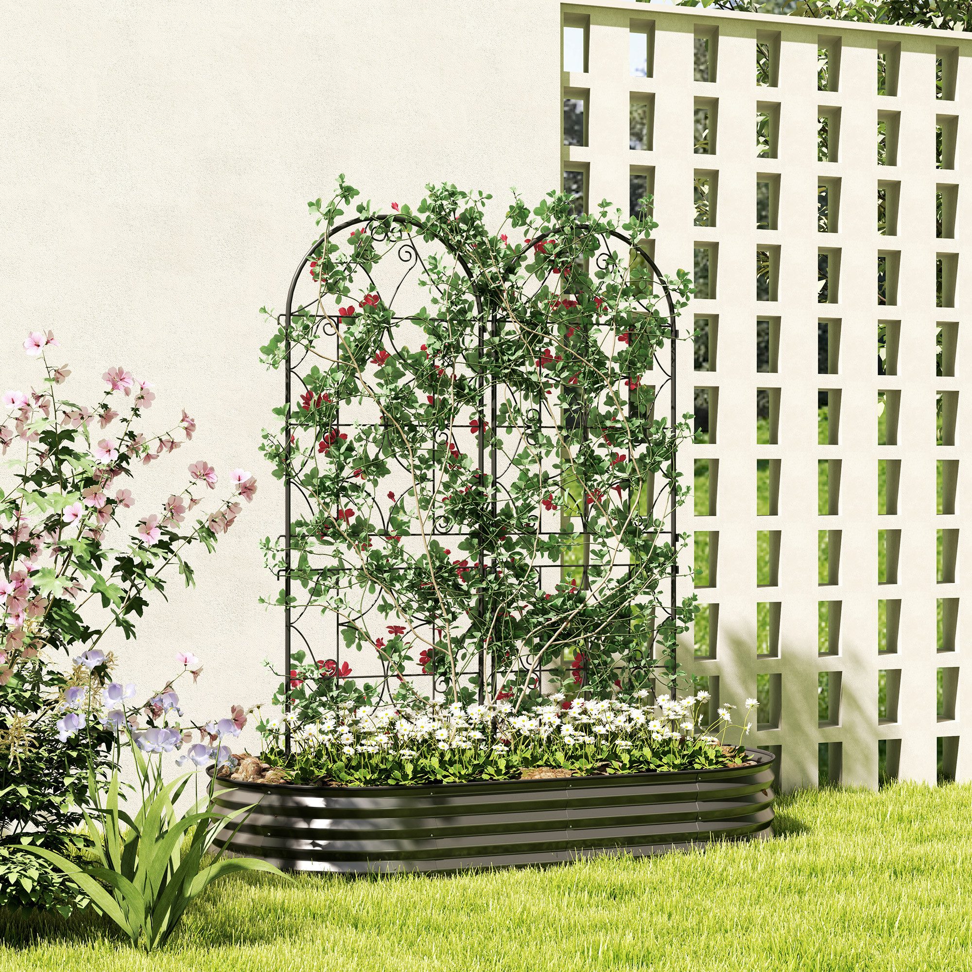 Outsunny Rankhilfe 2er Set, zum Stecken, rostfrei, 50x150 cm Rankgitter aus Metall, 2 St., Garten Spalier, für Tomaten Gemüse Blumen Kletterpflanzen Schwarz