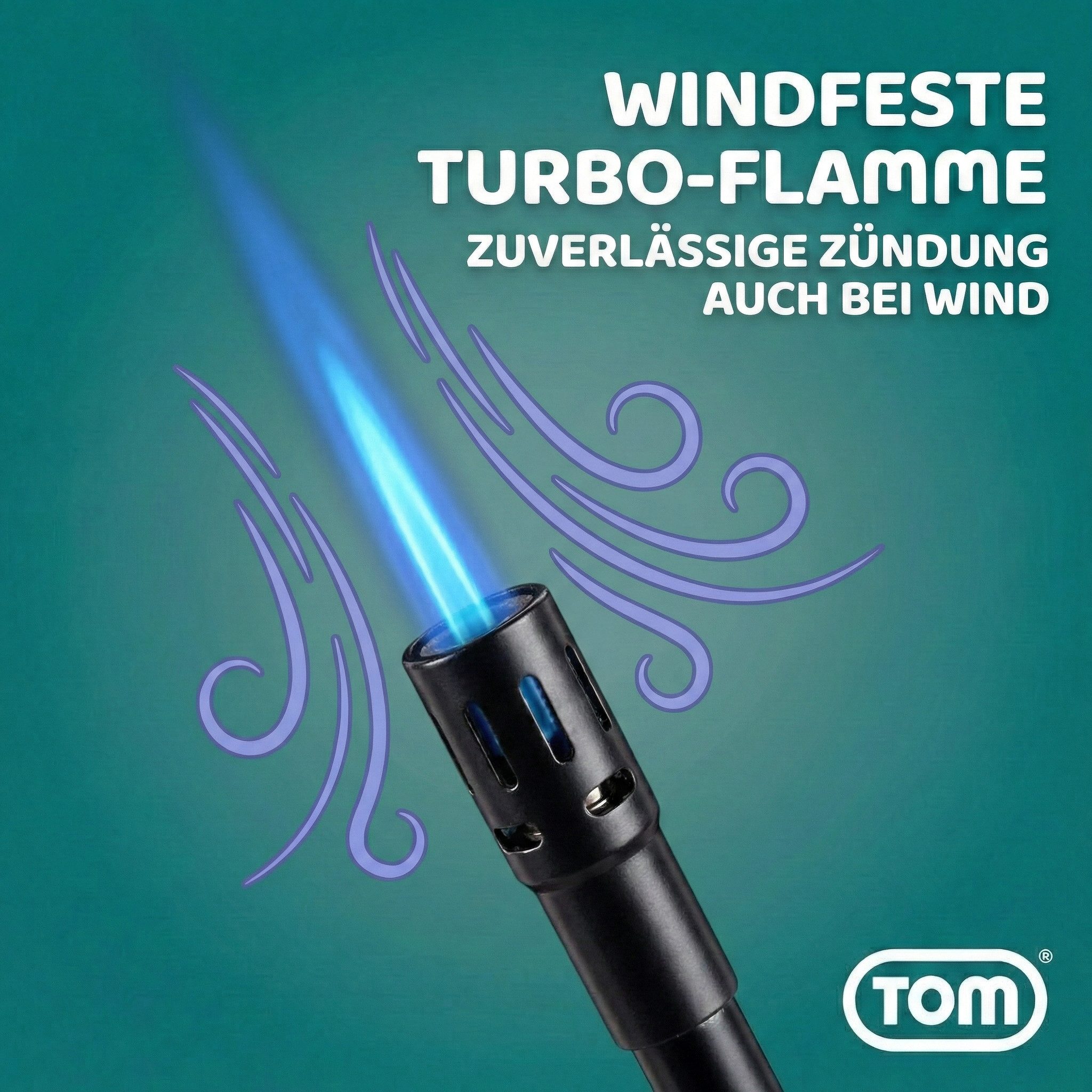 TOM Feuerzeuge 4 x Stabfeuerzeuge mit Sturmflamme Nachfüllbar (4-St), Sturmfeuerzeug - 28,3 cm - Kindersicherung - Gas-Füllstandanzeige