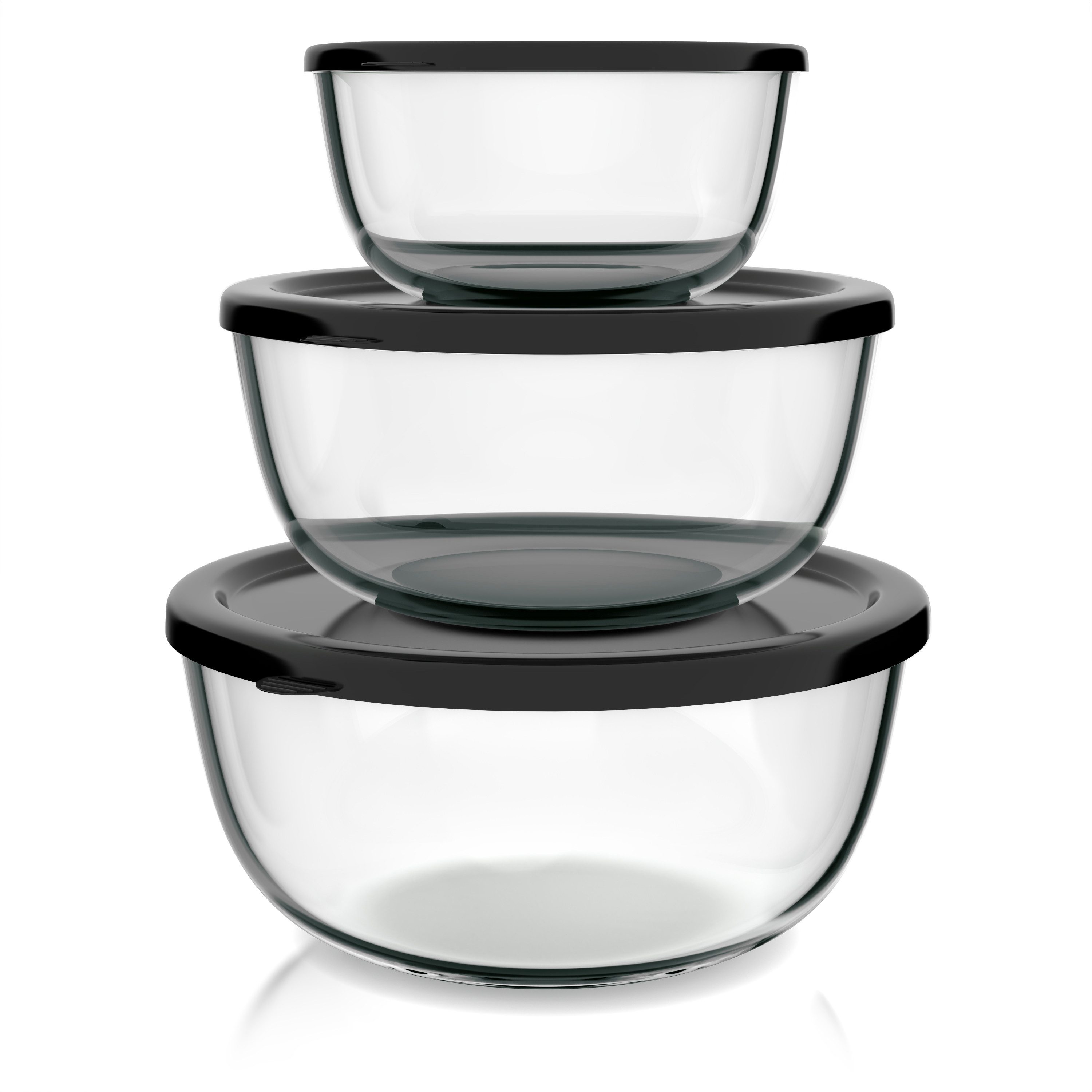 Arendo Salatschüssel 3er Set mit Deckel, Glasschüssel 1,1L / 2,7L / 4,4L, Glas Rührschüssel, Glas, (Set, 3-tlg), Glasschale, BPA-frei, Spülmaschinen- und mikrowellengeeignet