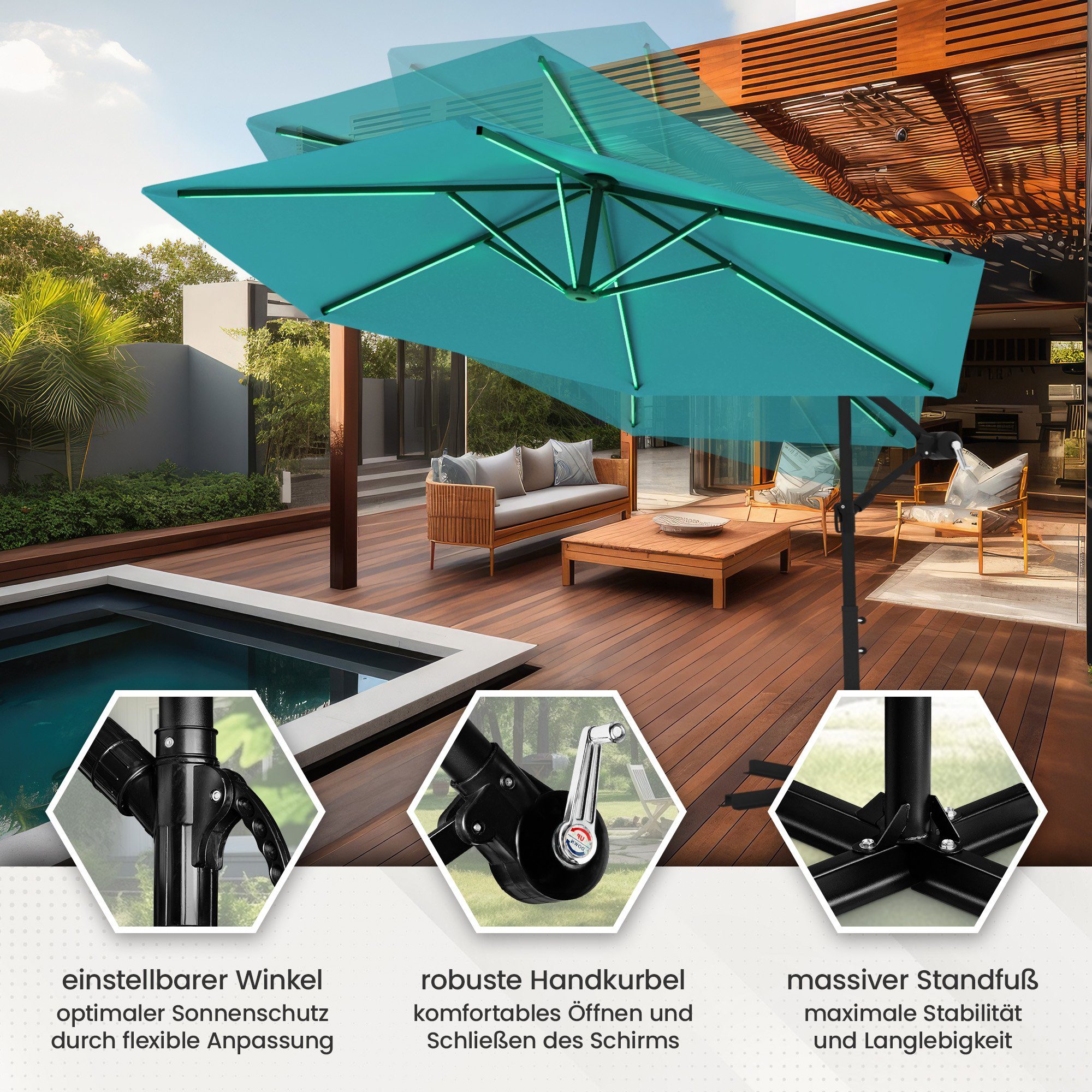 Swing&Harmonie Sonnenschirm mit RGB Beleuchtung LED Ampelschirm Garten Schirm, 300 / 350 cm inkl. Fernbedienung, APP Steuerung – Bild 4 von 5