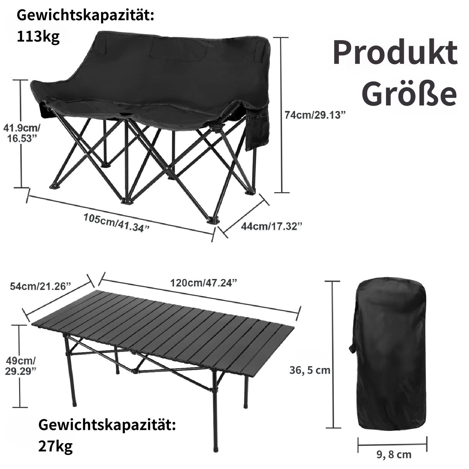 Rutaqian Campingtisch Klapptisch mit Stühlen, Campingtisch mit Stühlen Set faltbar, 1 Tisch + 3 Sessel (2 Einzel, 1 Doppel) für Garten, Picknick, Festival – Bild 2 von 5