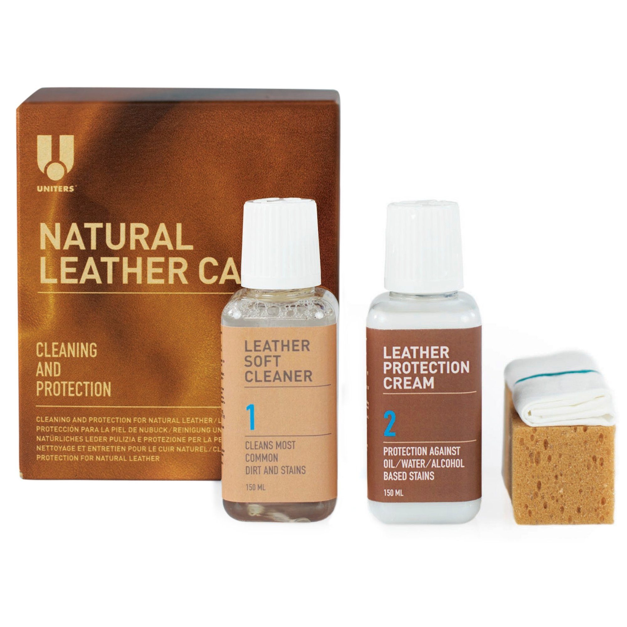 Uniters Himolla Natural Leather Care Lederpflegeset (1 St., 4-tlg, 150ml Reinigung und Schutz für Anilin & pigmentierte Leder), inkl. Reingungsschwamm & -tuch