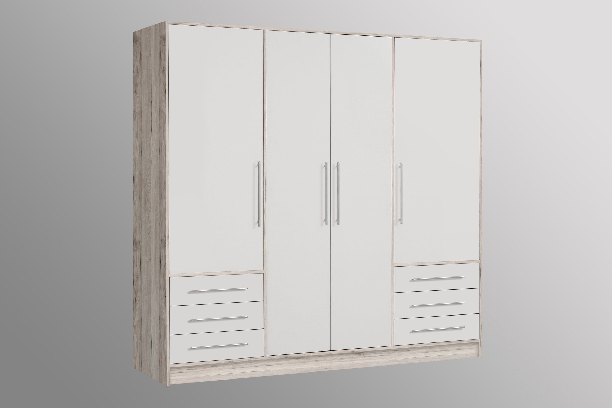 FORTE Drehtürenschrank 4 Türen, 6 Schübe, Sandeiche Dekor / Weiss - 206,5x200x60cm (BxHxT)