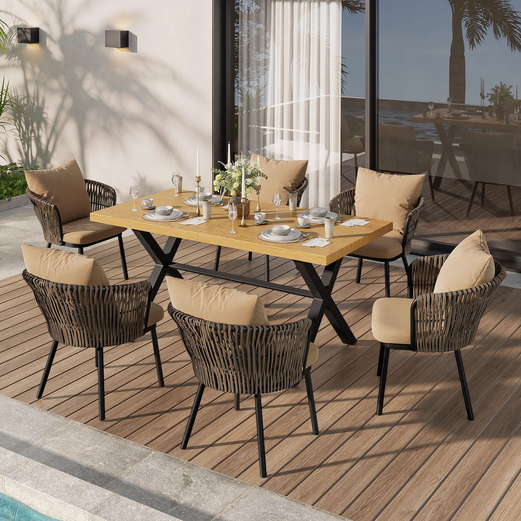 Flieks Garten-Essgruppe, 6-Sitzer Sitzgruppe Gartenmöbel-Set PE-Rattan mit 6 Stühle & 1 Tisch
