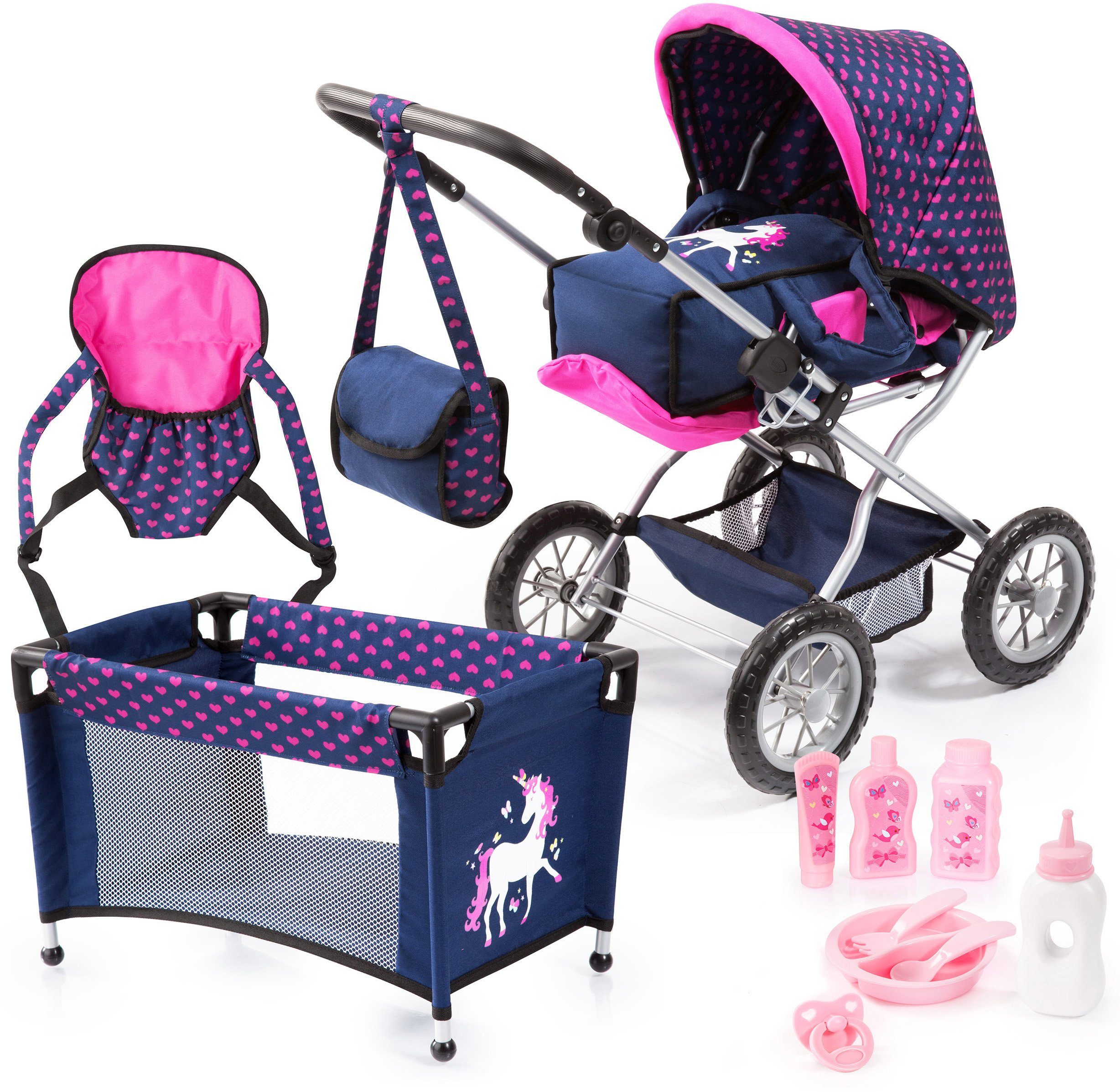 Image of Bayer Kombi-Puppenwagen »Grande, Blau/Pink«, (Set), mit Reisebett, Flasche, Tragegurt, Schnuller, Puppengeschirr, Fläschchen und Pflegemittel