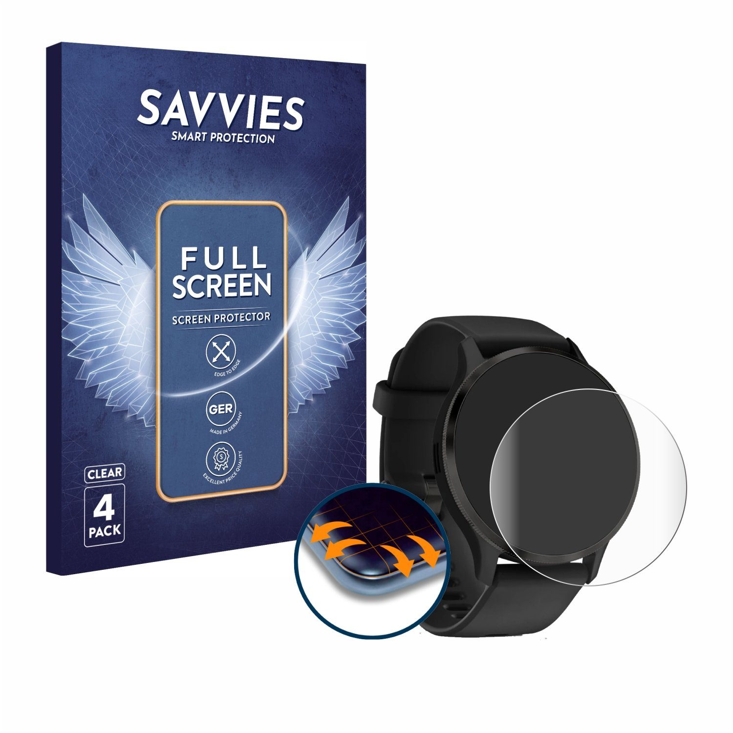 Savvies Displayschutzfolie Fullscreen Schutzfolie für Garmin Venu 3, 4 Stück, Displayschutz Folie Fullcover Klar Transparent