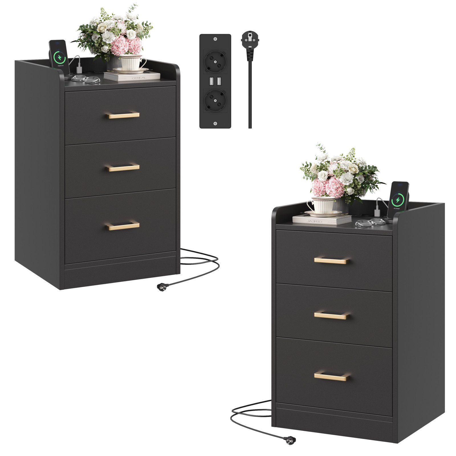 Homfa Nachttisch Nachtschrank mit Ladefunktion (2-St), 3 Schubladen, 2 AC-S günstig online kaufen