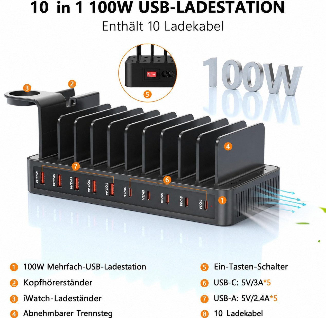 ibettertec 100W Multi-Geräte Ladestation mit 10 Anschlüssen Ladestation (USB-C & USB-A Ladehub inkl. 10 Kabeln, Verstellbare Halterung für Smartphones)