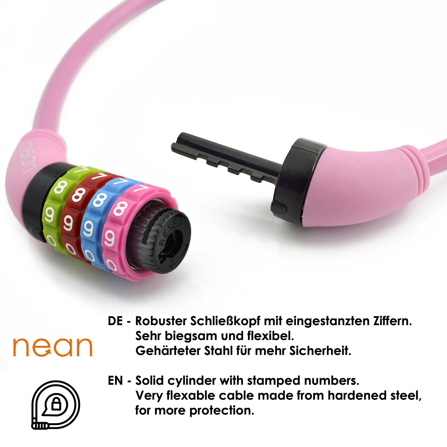 nean Zahlenkabelschloss Fahrradschloss für Kinder mit Zahlen 10 x 650 mm verschiedene Farben, leicht zu bedienen, ideal für Kinder