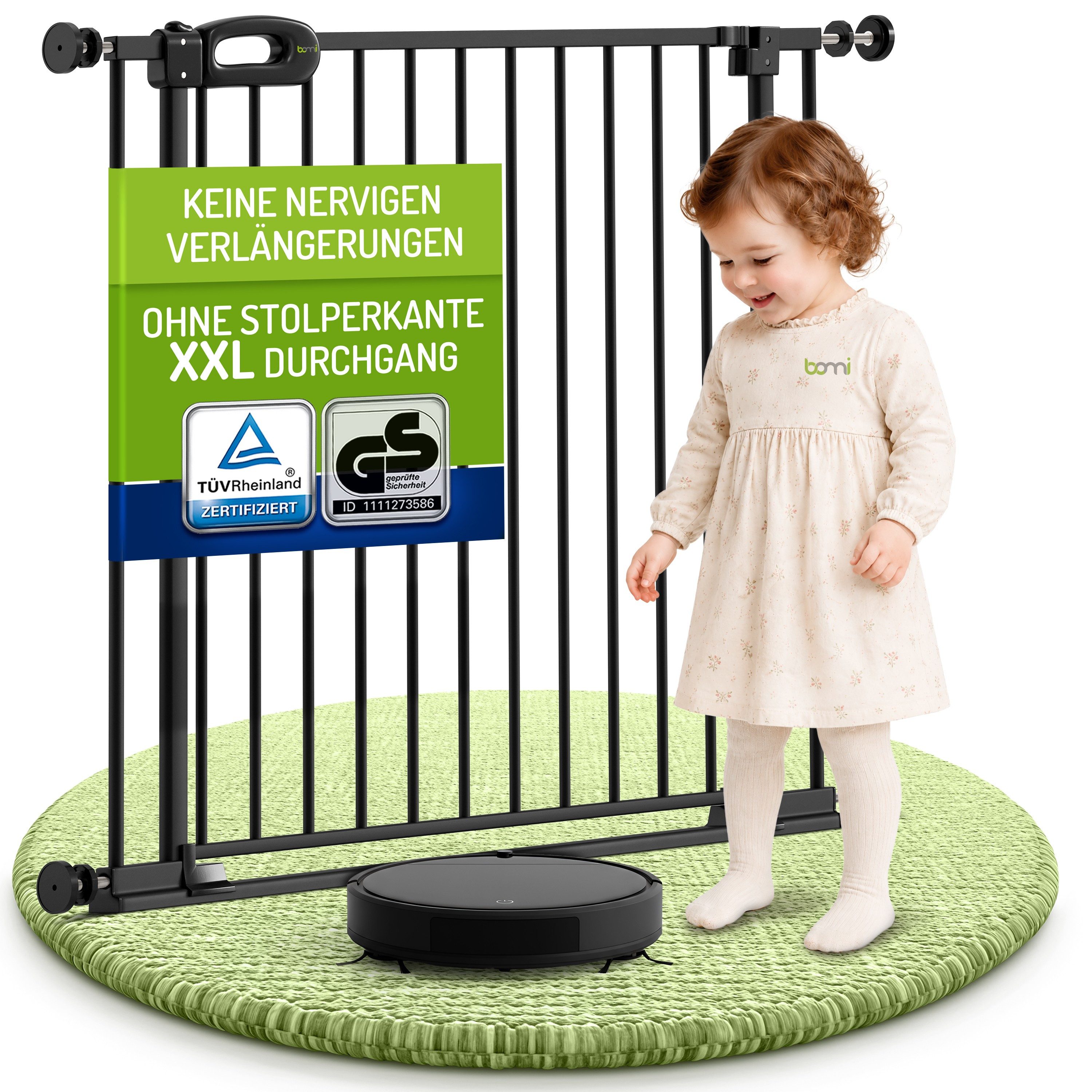BOMI Türschutzgitter Treppenschutzgitter Merle Flatstep, Babygitter flacher Steg, 63-217 cm (verschiedene Größen, klemm- & verschraubbar), 2-Wege-Öffnung, geprüftes Kindergitter, extra breiter Durchgang