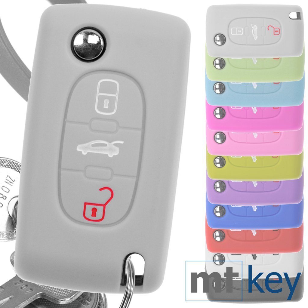 mt-key Schlüsseltasche Autoschlüssel Softcase Silikon Schutzhülle Grau, für Peugeot 307 308 I 407 Expert RCZ Citroen C4 C5 III 3 Tasten