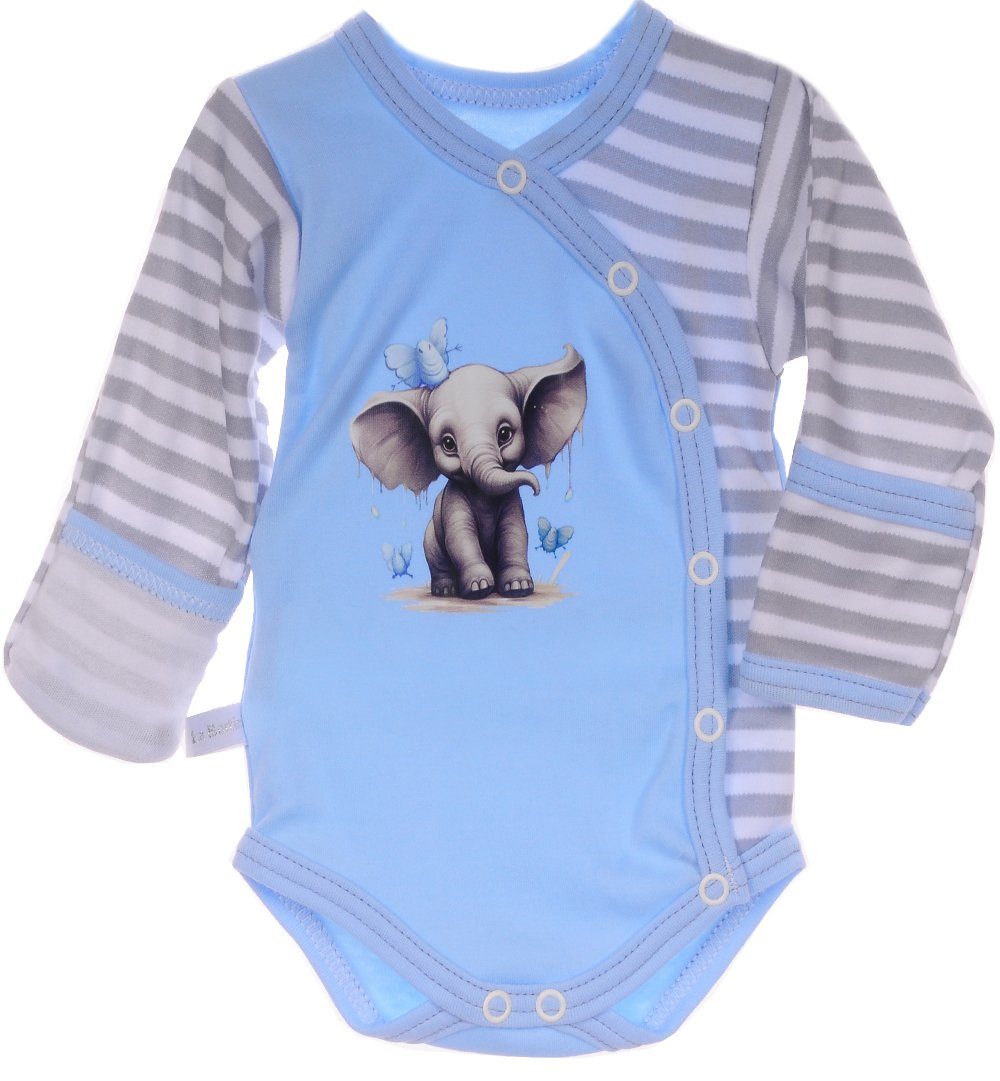 La Bortini Wickelbody Baby Body Langarmbody in Blau gestreift mit Elefanten aus reiner Baumwolle, 44 50 56 62 68 74 80