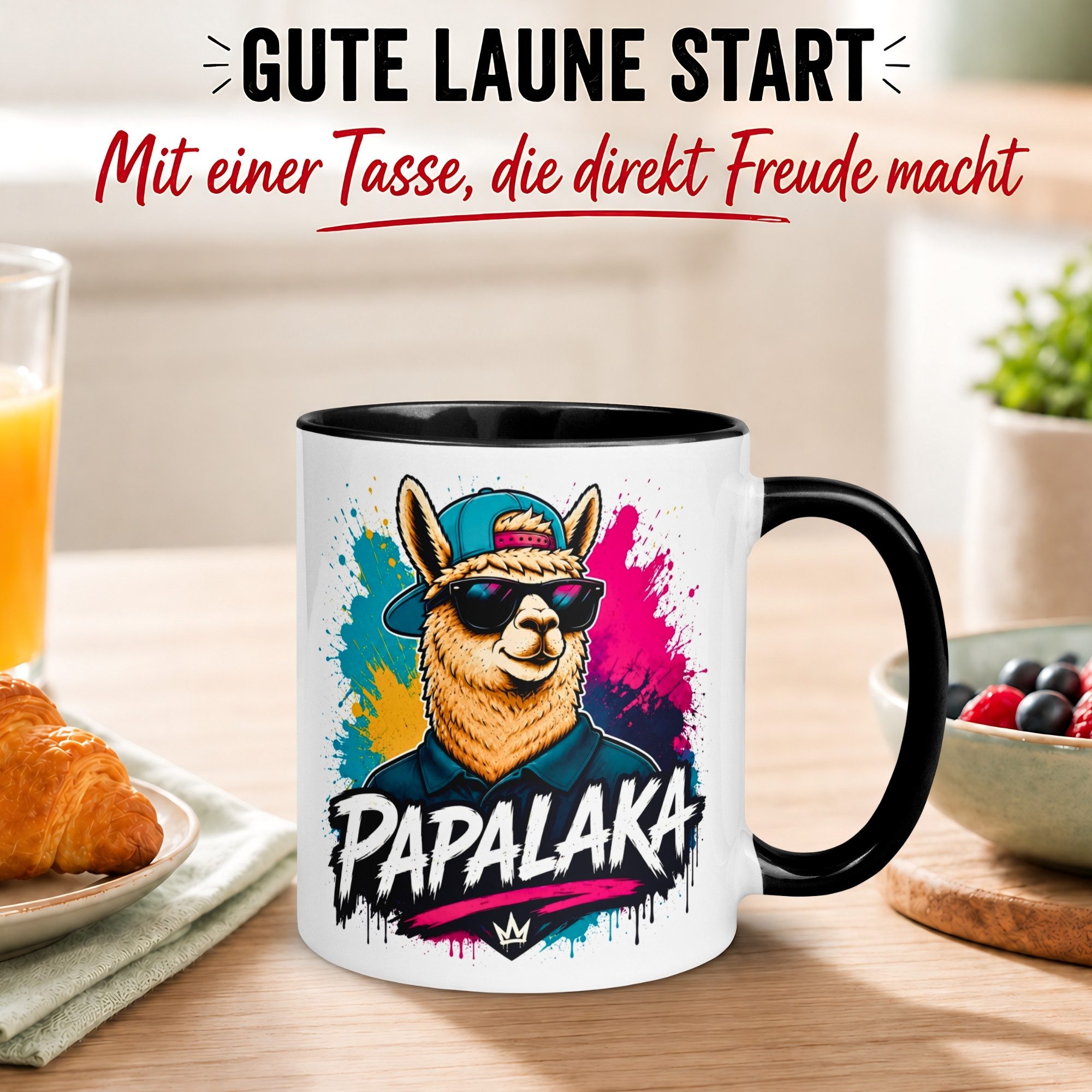 Momentals Tasse Alpaka – „PAPALAKA“ – lustiger Geschenk Becher für Papa, Gratis Versand · Links-&Rechtshänder · Spülmaschinenfest