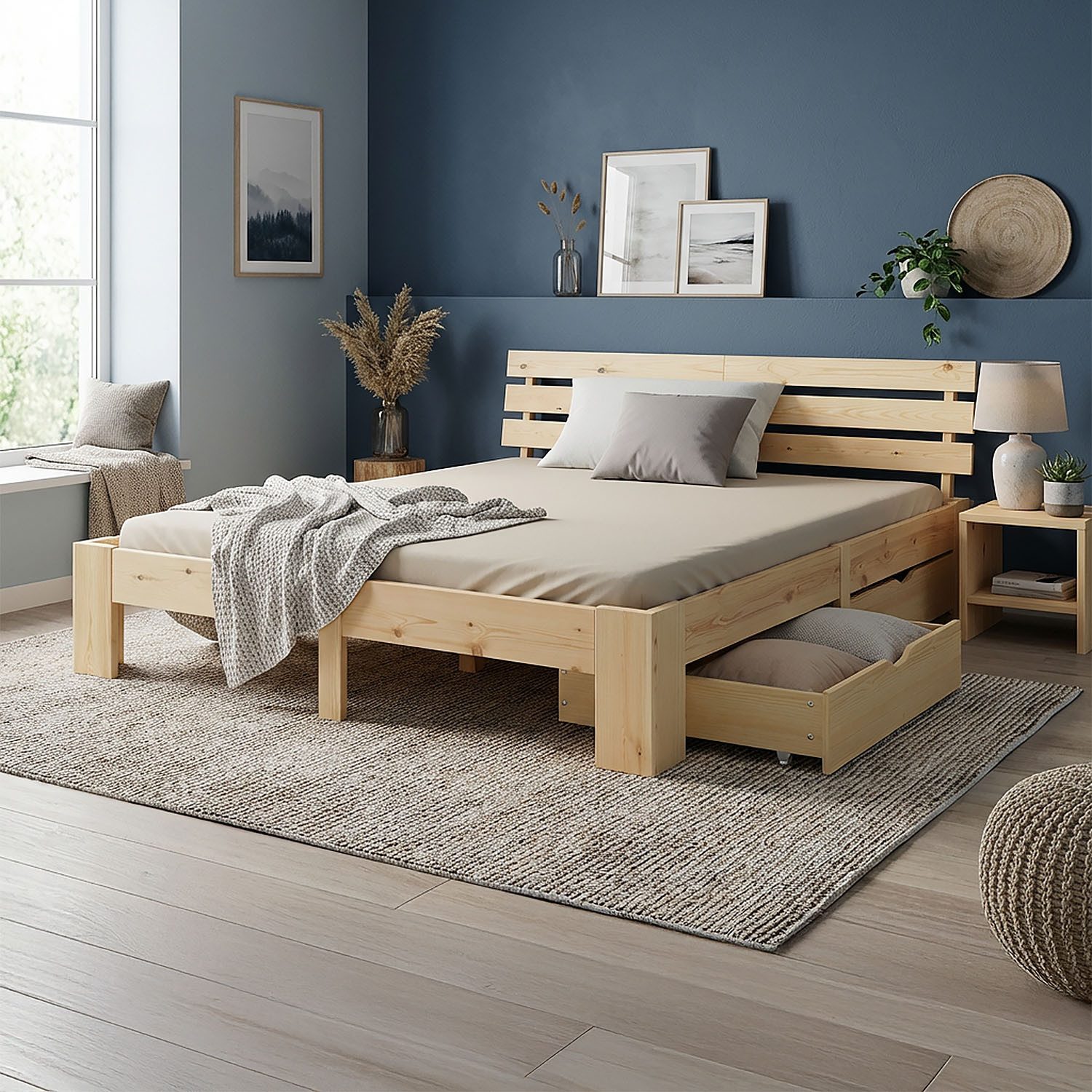 Homestyle4u Holzbett Holzbett 90 - 180 x200 cm Bett Natur Weiß Grau Einzelbett Doppelbett (Set, mit Lattenrost und 2 Bettkästen), 180x200, Kiefer, mit Stauraum und Kopfteil, naturfarben, schlicht