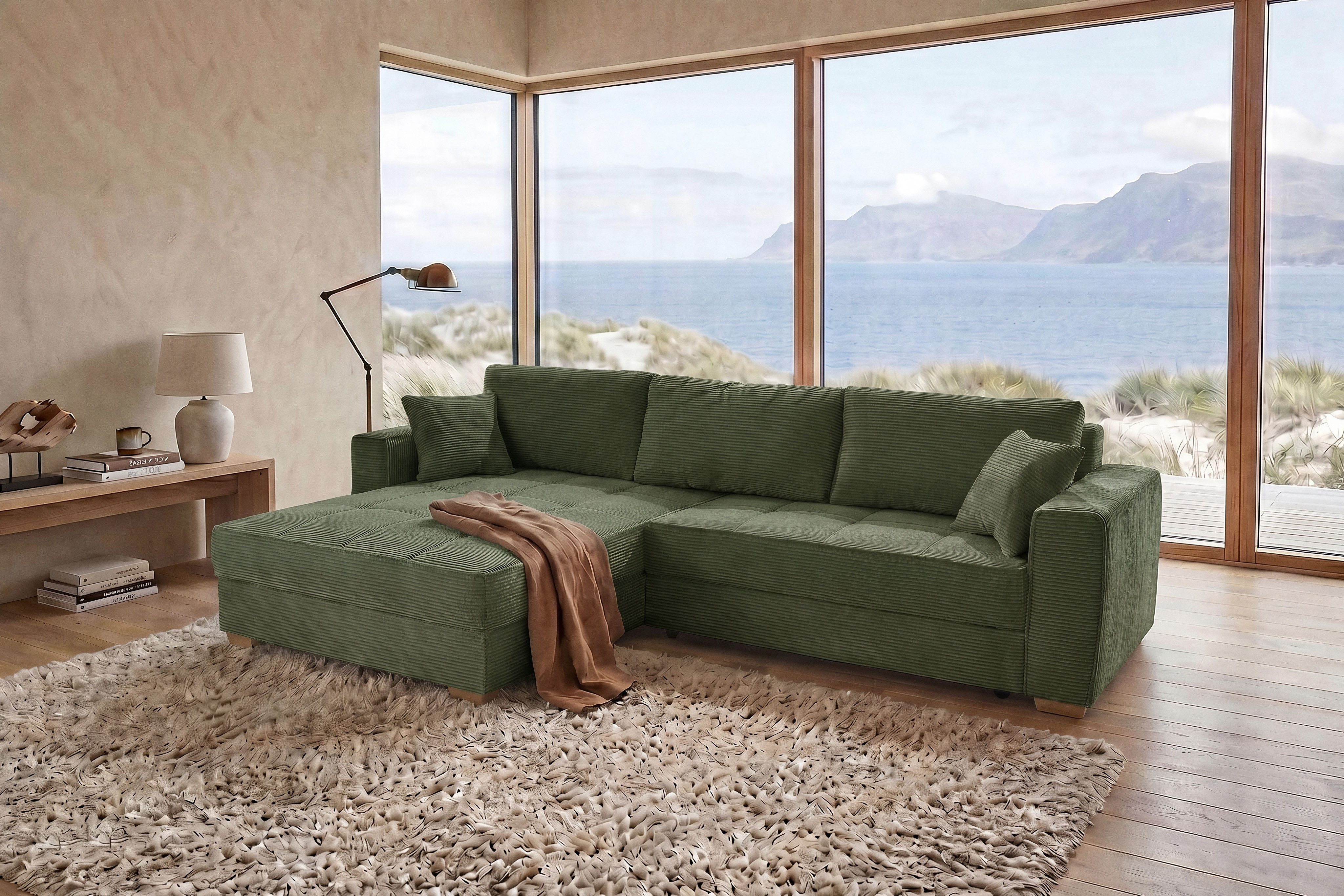 Jockenhöfer Gruppe Ecksofa Bologna, L-Form, Breite: 298 cm, Cord-Bezug, beidseitig montierbar, mit Schlaffunktion, Bettkasten & Zierkissen, XXL-Ottomane
