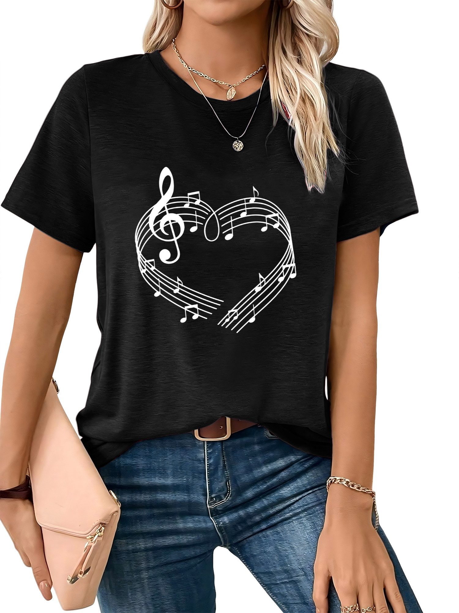 PYLIKE Print-Shirt Damen Casual Kurzarmshirt mit Klaviernoten Druck bequemes t shirt Bequem für Freizeit und Büro,Strandurlaub