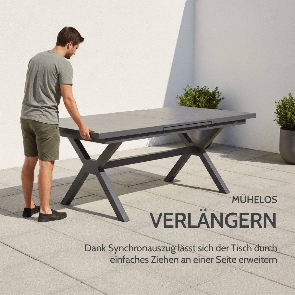 Liadomo Gartentisch Benevento, Esstisch für den Garten, Ausziehtisch, Outdoortisch (Verlängerungsplatte integriert), 200/260x100 cm, Synchronauszug, Sinterstein-Tischplatte, X-Gestell