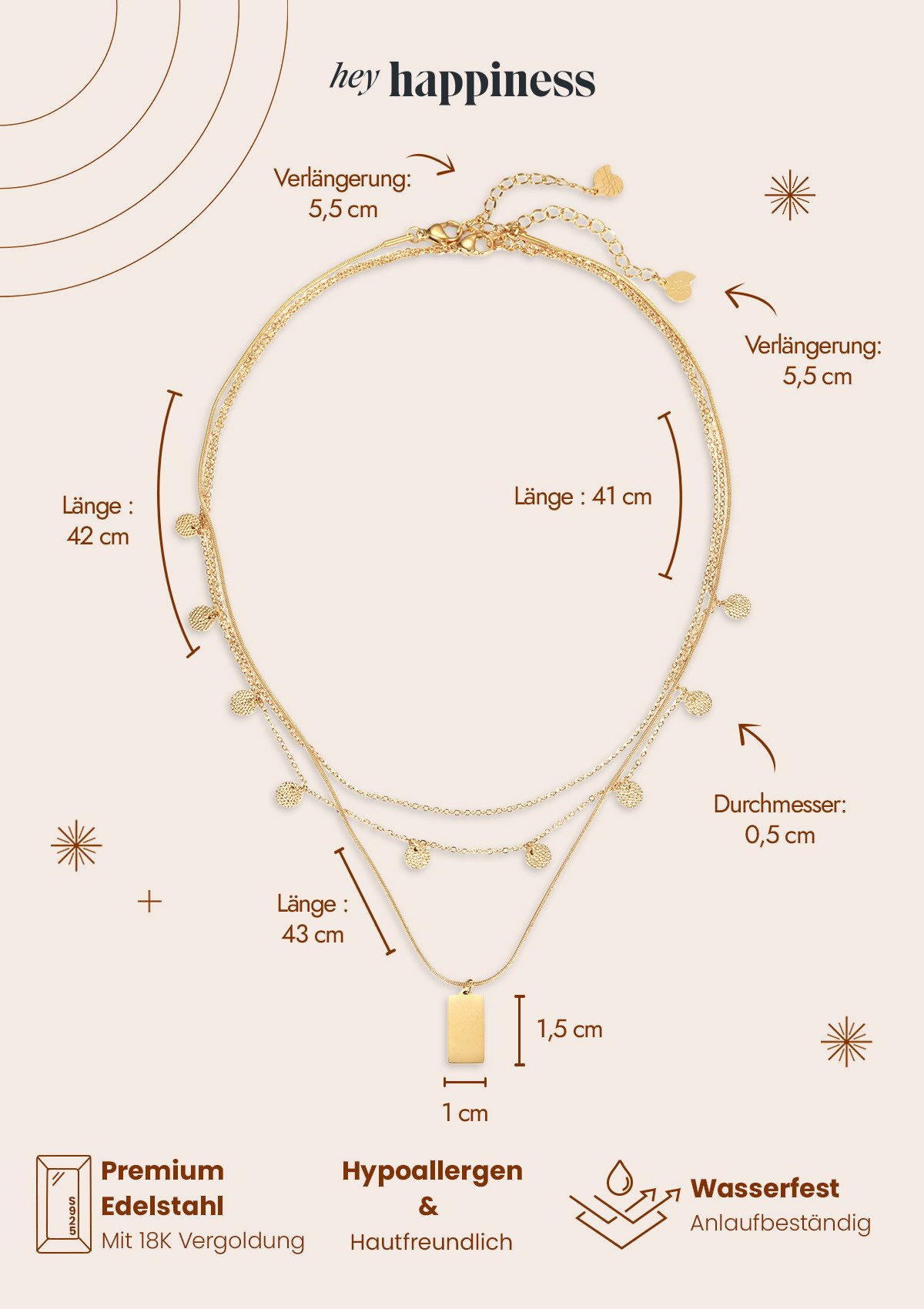Hey Happiness Charm-Ketten-Set 2er Damen Layer mehrreihig, 18K Roségold Vergoldet, Kette Plättchen hängend, Halskette Schlange, Damenset wasserfest – Bild 5 von 5