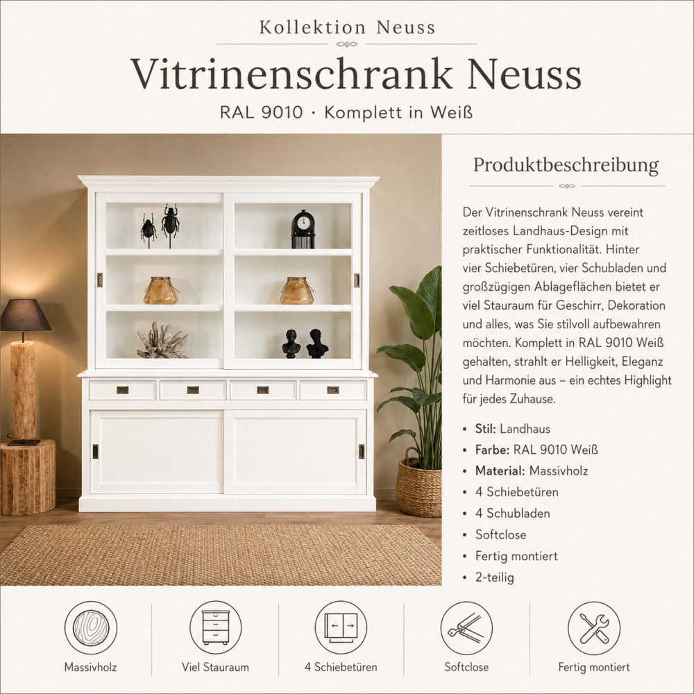 Wohnpalast Vitrine Vitrinen Schrank Neuss weiß 200 cm im Landhaus Stil