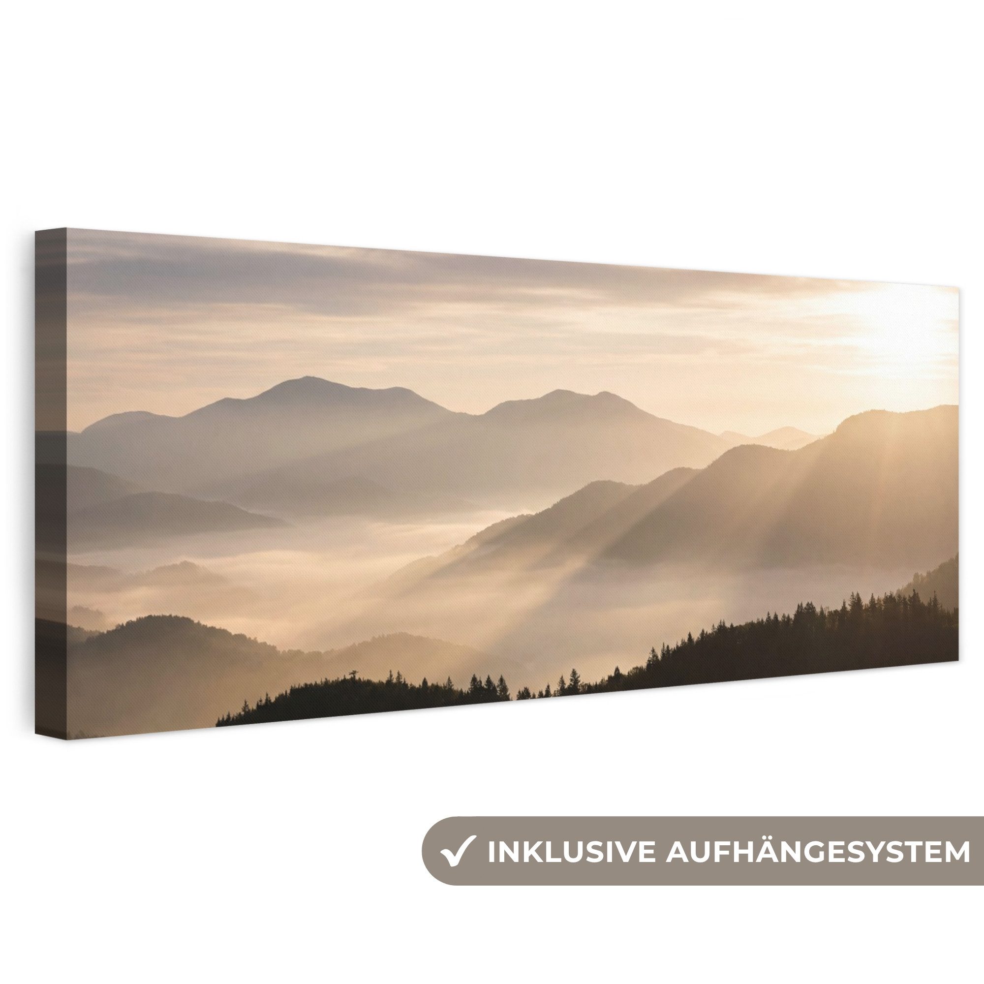 OneMillionCanvasses® Leinwandbild Panorama Berge - Nebel - Sonnenstrahlen, Fotodruck (1 St), Wandbild, Deko Schlafzimmer Wohnzimmer Flur 60x20 cm