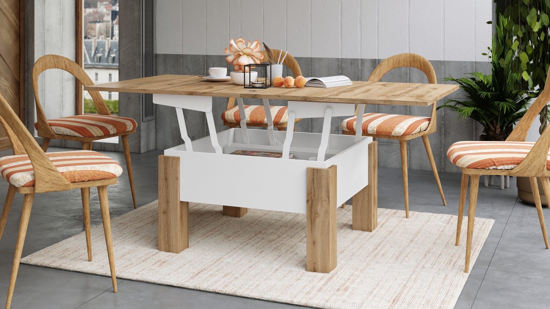 designimpex Couchtisch Design Couchtisch Tisch aufklappbar Oslo Esstisch Wotan Weiß matt höhenverstellbar - Eiche