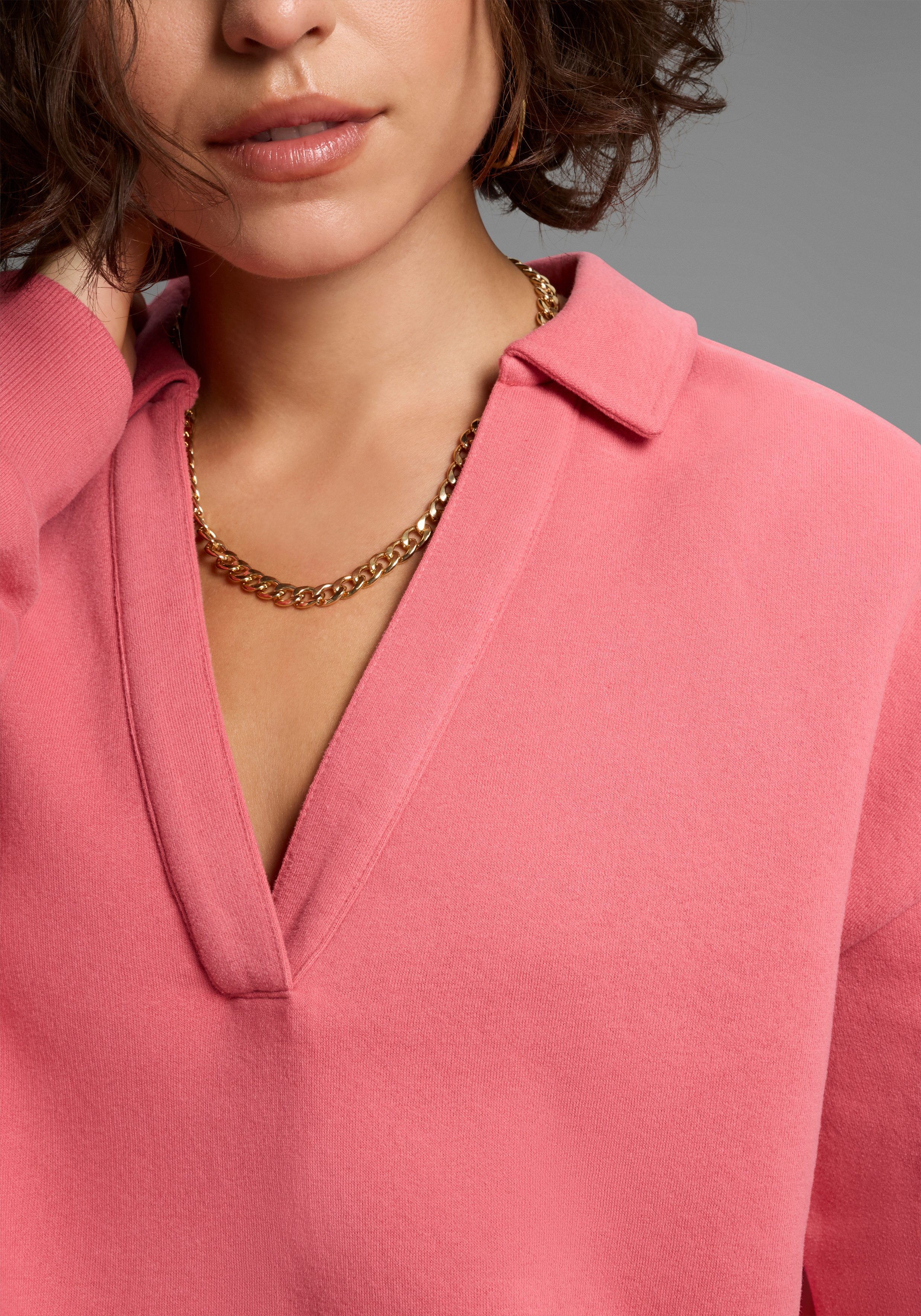 Laura Scott Sweatshirt Weiche Baumwollmischung mit V-Ausschnitt und Kordel am Saum