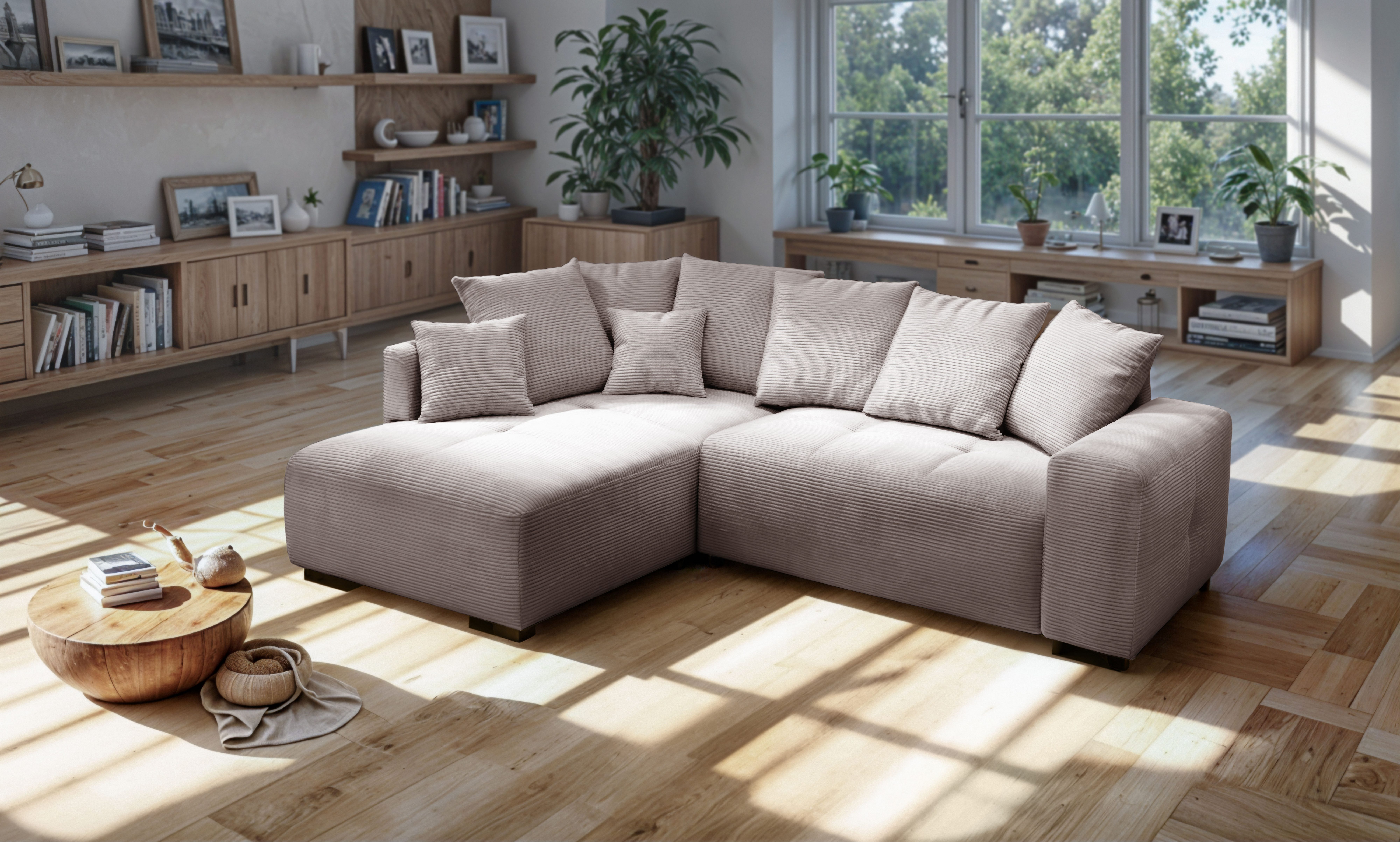 exxpo - sofa fashion Ecksofa Arpino, elegant & bequem, Ottomane beidseitig montierbar, L-Form, Breite 243cm, komfortable Wellenunterfederung, moderner Cord Bezug