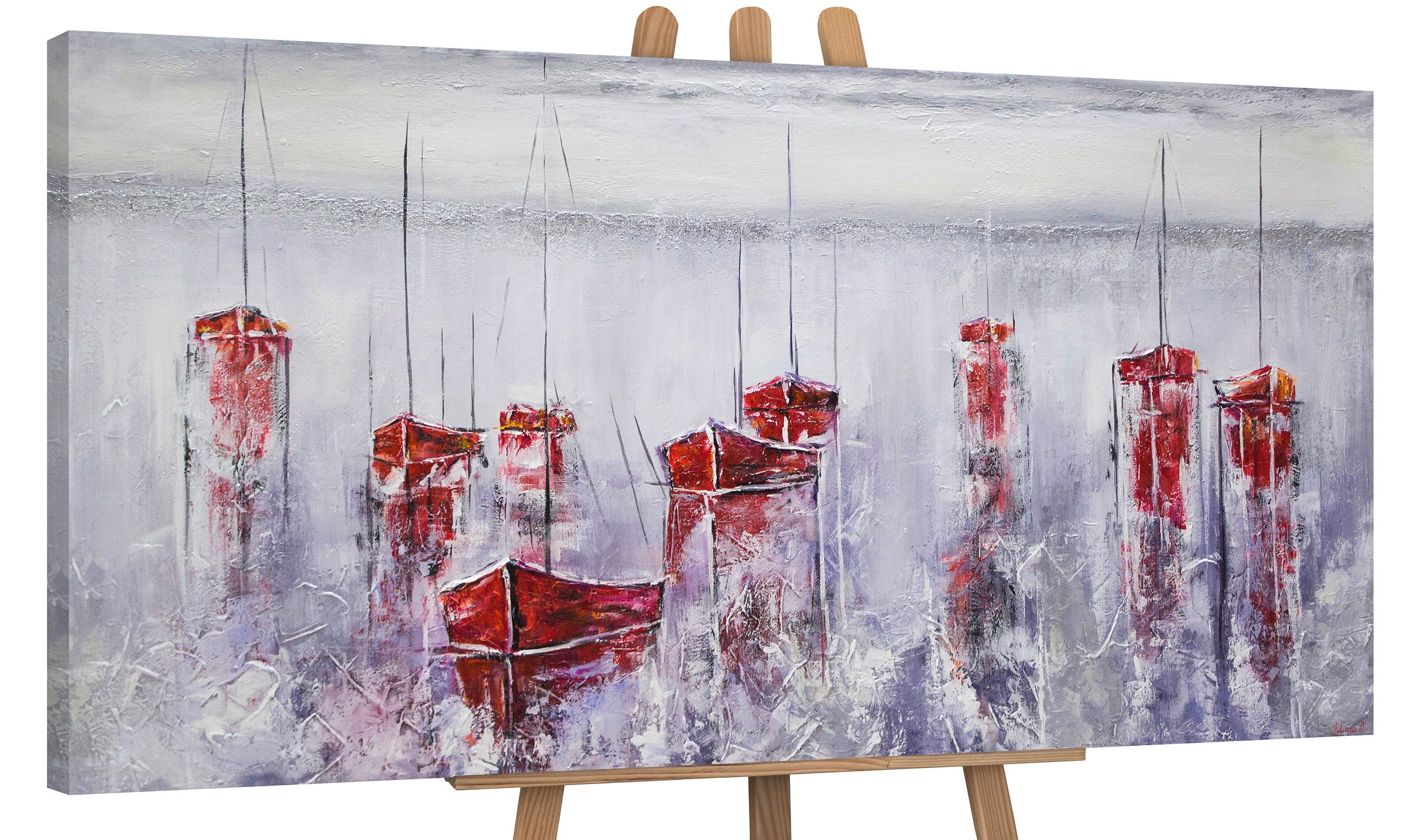 YS-Art Gemälde Stiller Hafen, Landschaft, Leinwand Bild Handgemalt Segelboote Meer Rot Blau Hafen